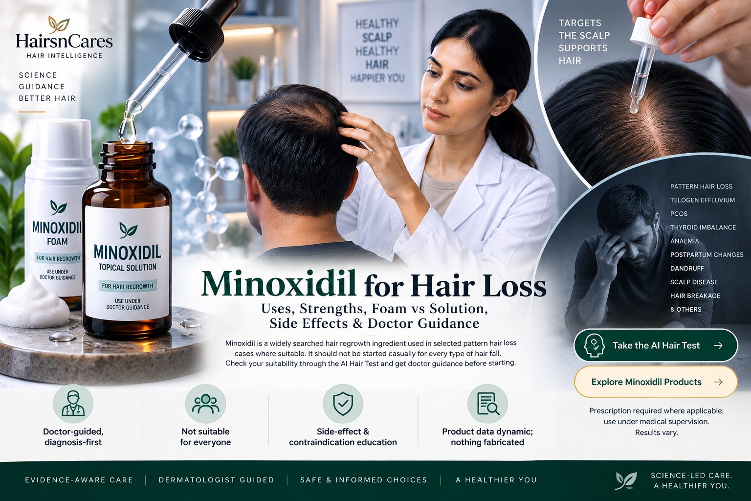 Minoxidil for hair loss with topical solution foam scalp application and dermatologist-guided assessment