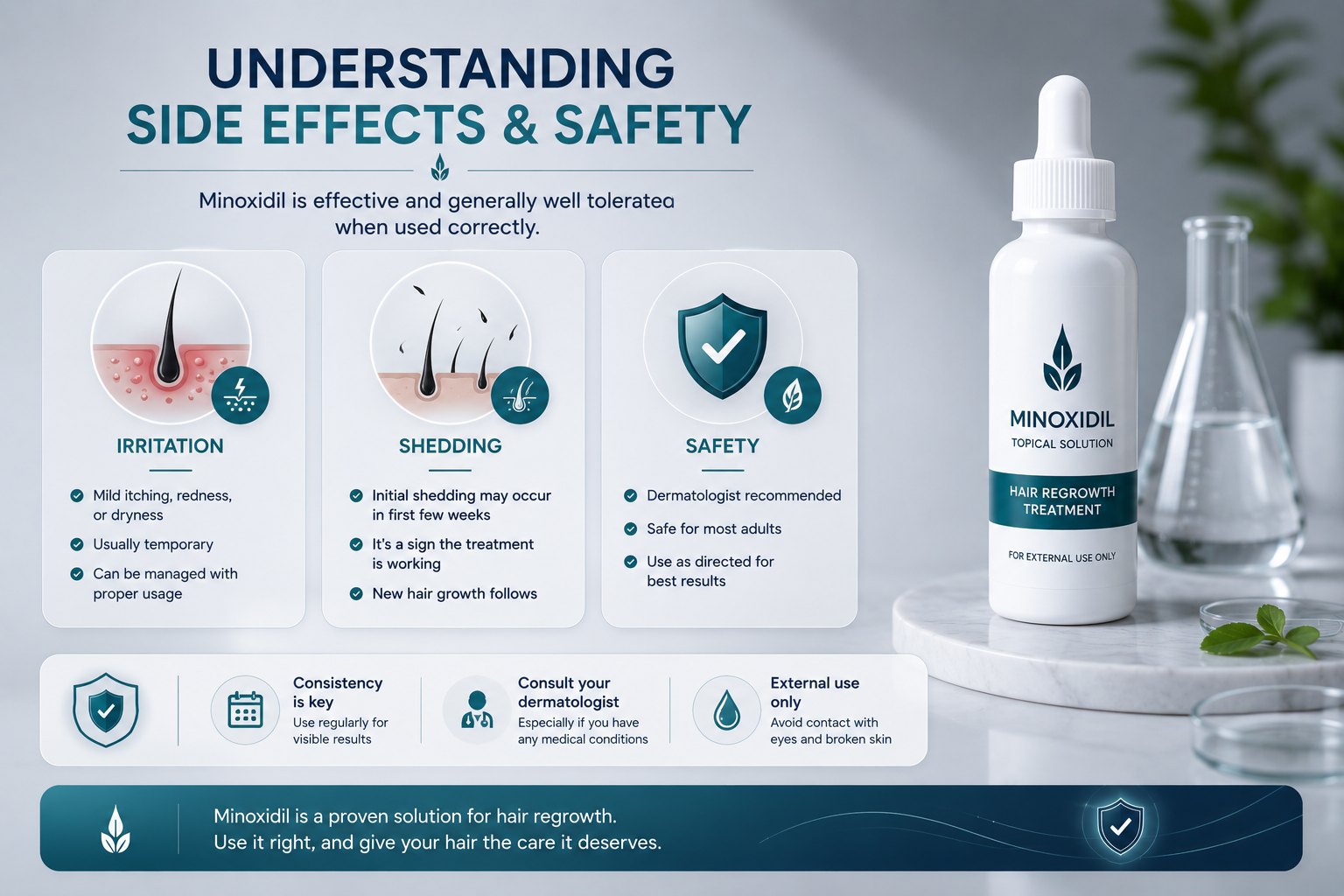 Minoxidil side effects including scalp irritation and initial shedding safety guidance