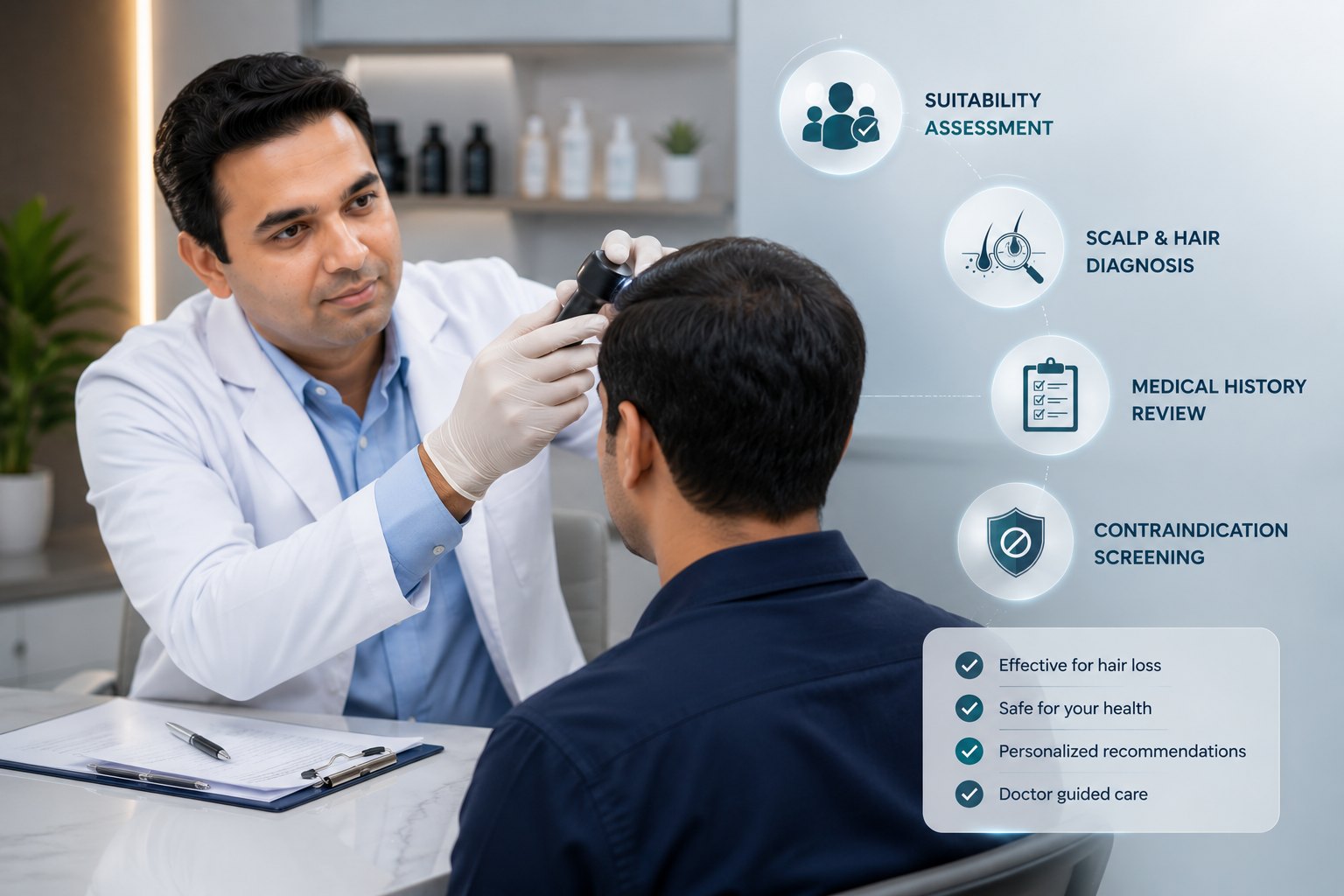 Dermatologist assessing Minoxidil suitability before hair-loss treatment