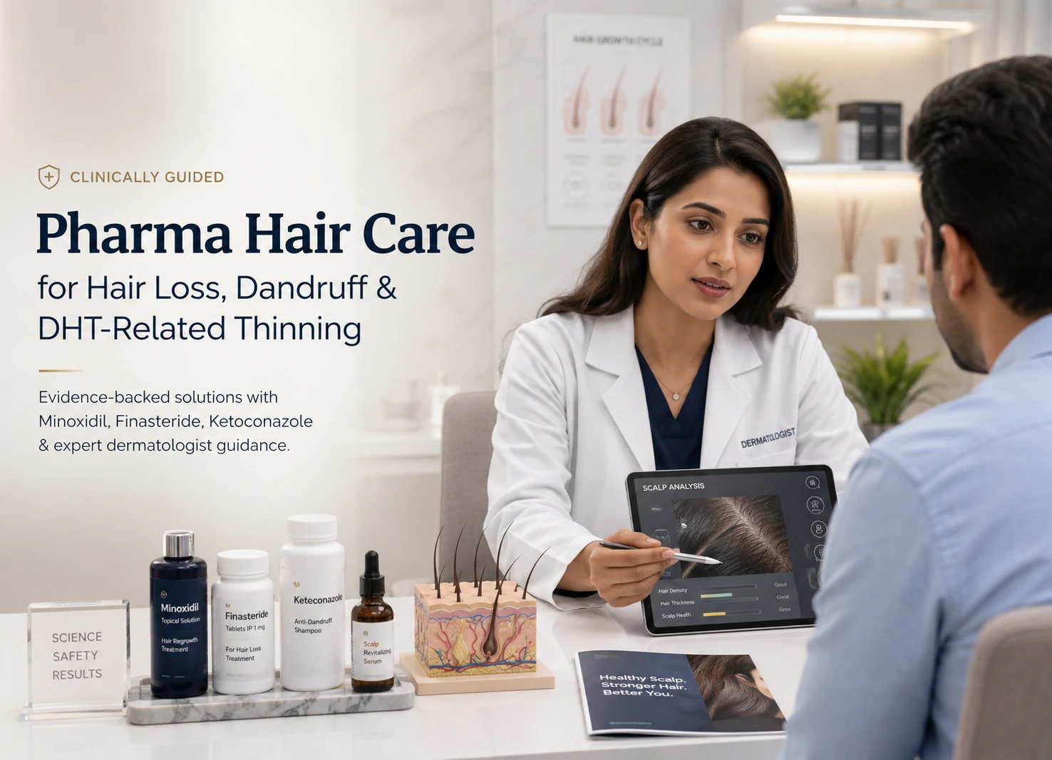 Doctor-Guided Pharma Hair Care for Hair Loss, Dandruff & DHT Thinning Doctor-guided pharma haircare for Minoxidil Finasteride Ketoconazole dandruff and DHT-related thinning