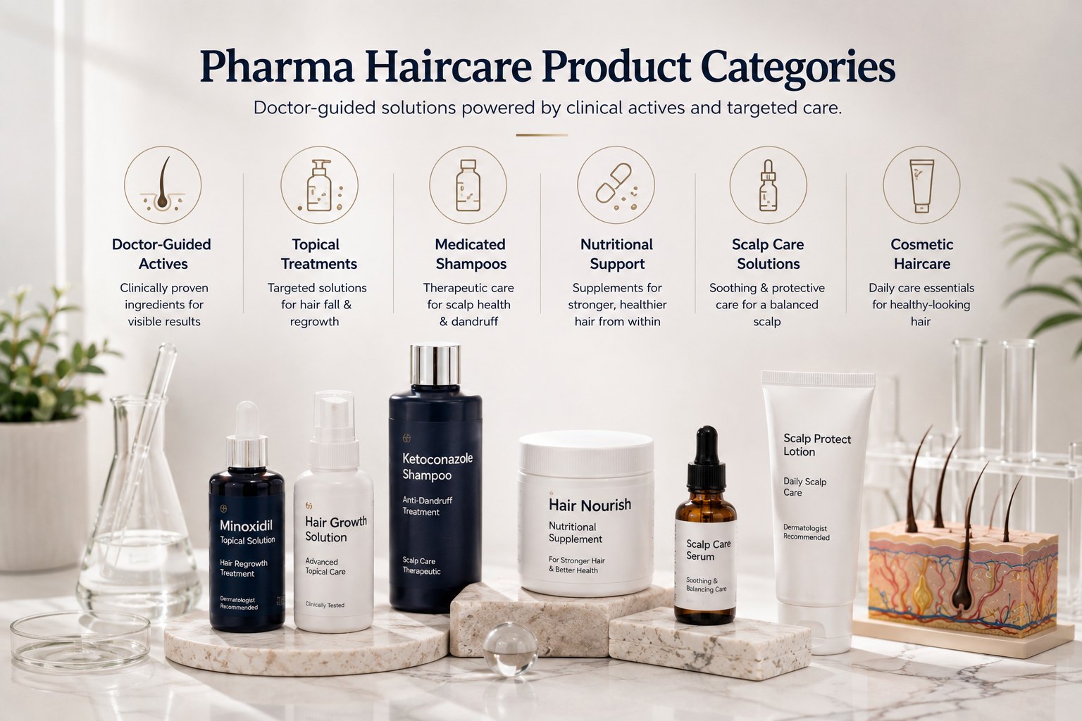 Pharma haircare product categories including topical treatments shampoos and supplements