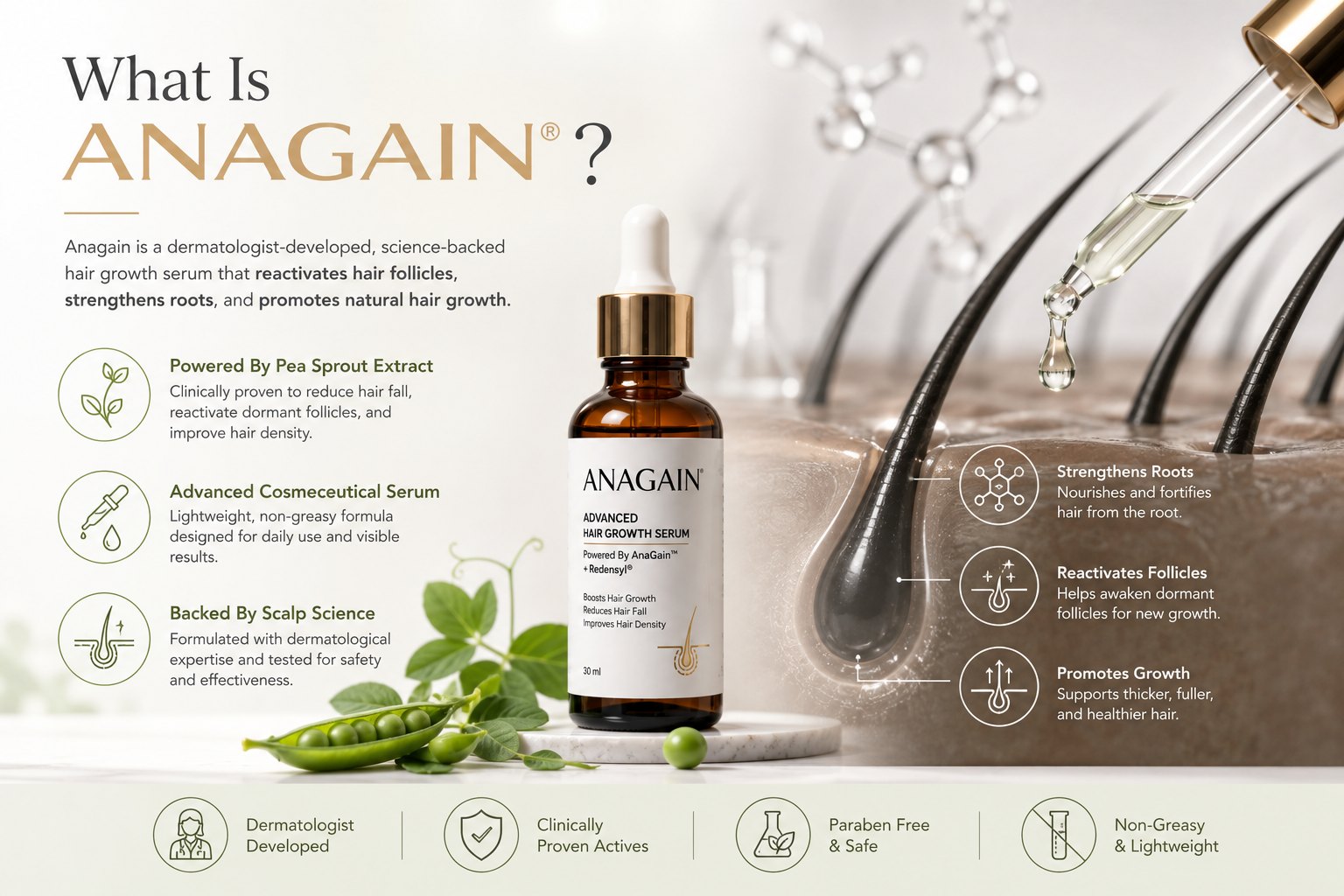 Anagain pea sprout extract and cosmetic hair serum ingredient education