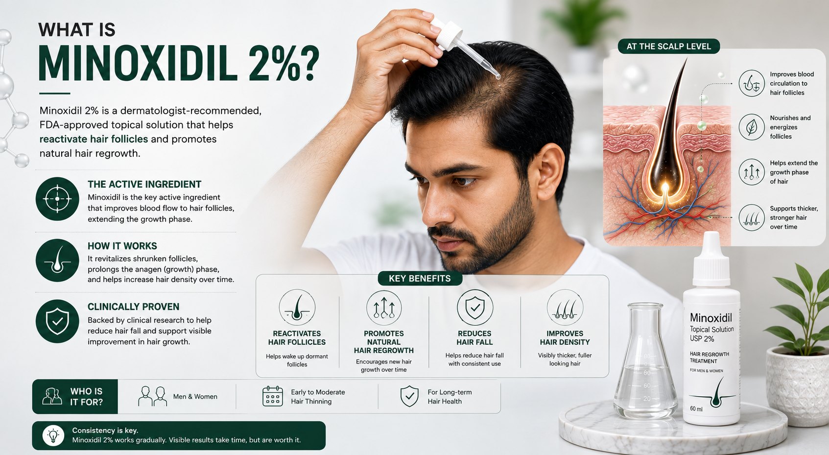 Minoxidil 2 percent topical treatment and scalp application education