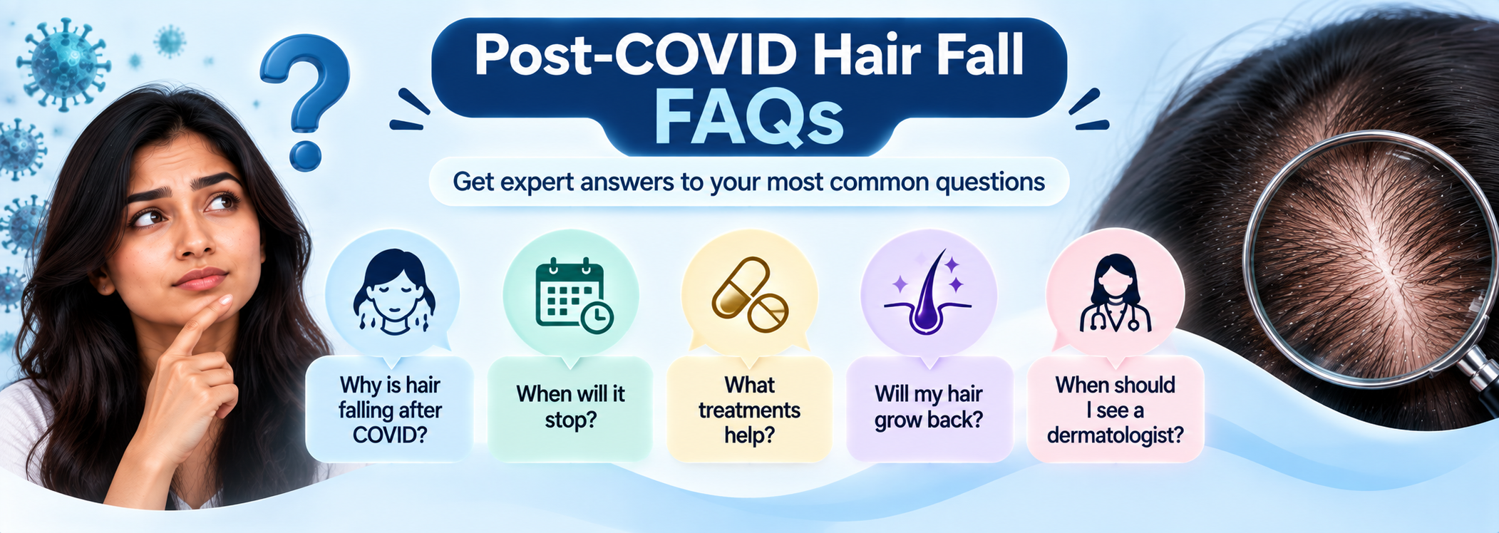 Frequently asked questions about post-COVID hair fall, causes, recovery time, treatment options and hair regrowth