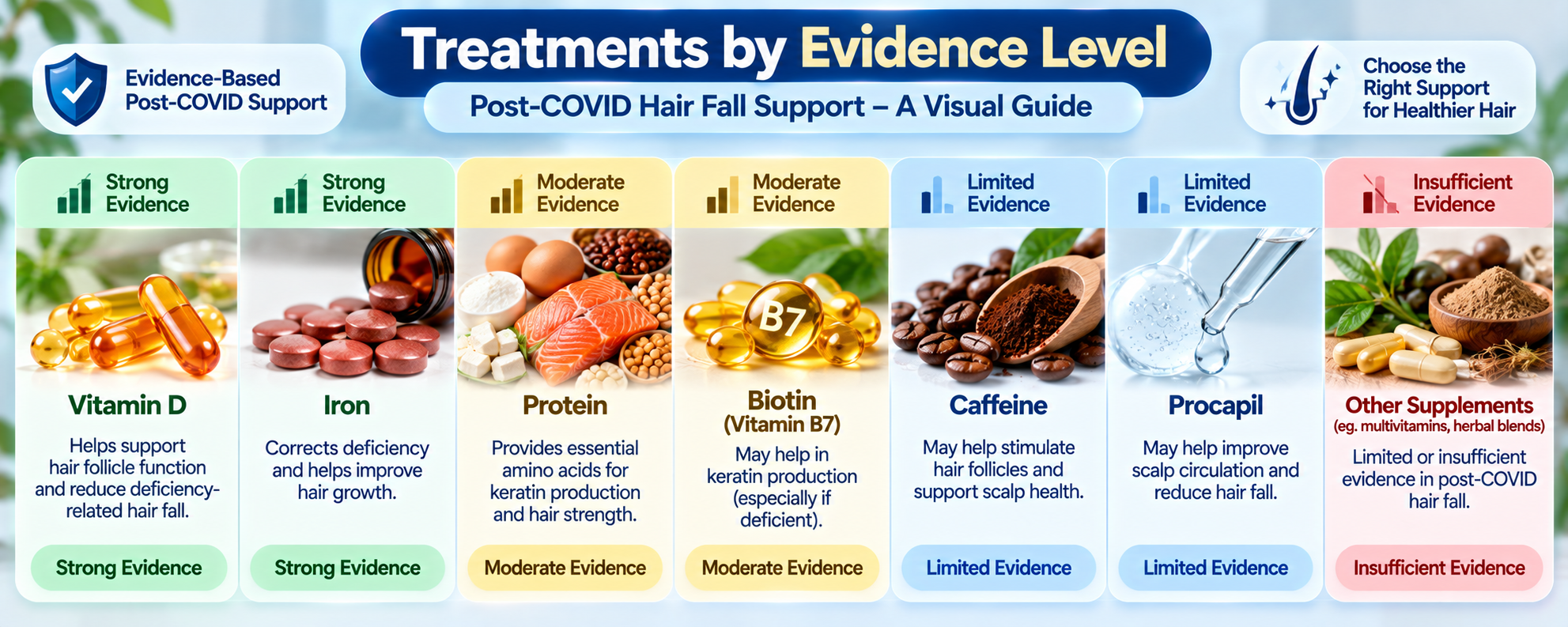 Post-COVID hair fall support ingredients including iron, vitamin D, protein, biotin, caffeine and Procapil with evidence-level categories
