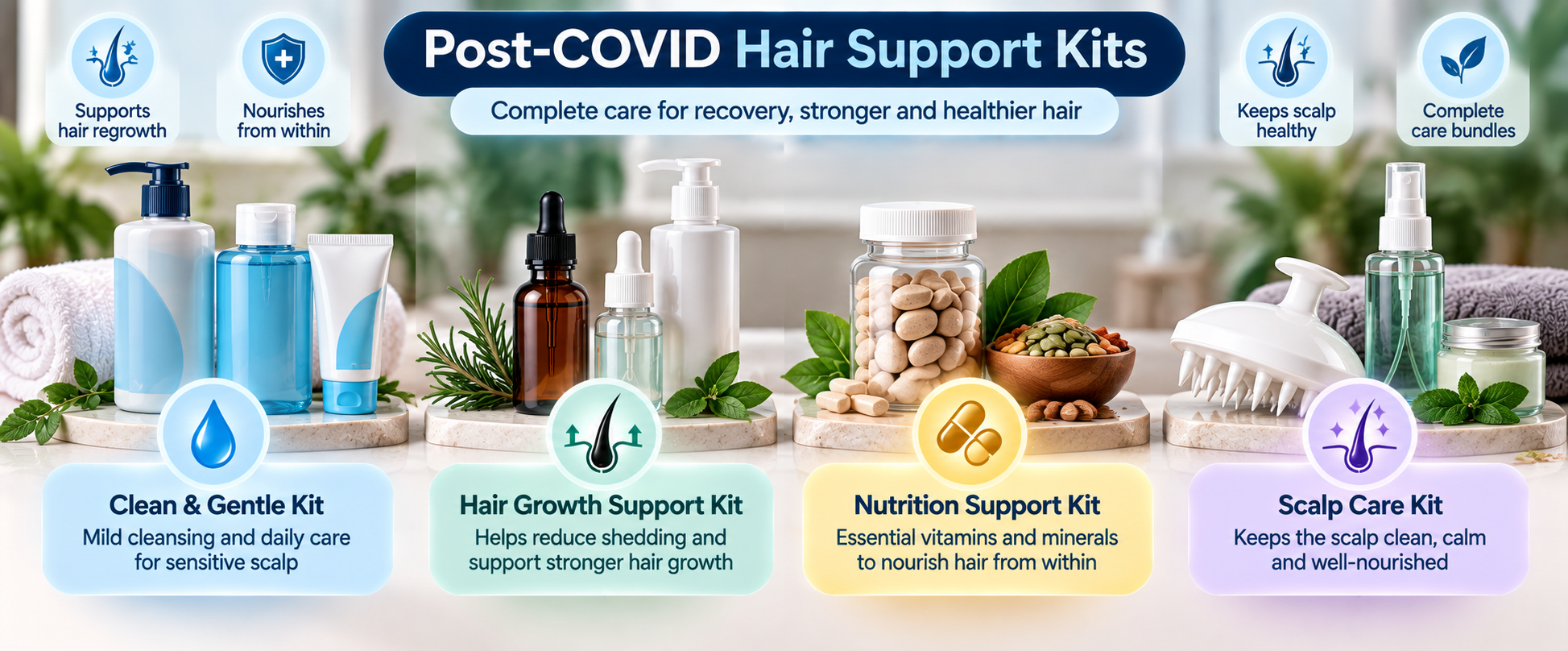 Post-COVID hair support kits featuring gentle shampoo, hair growth support serum, nutrition supplements and scalp care products