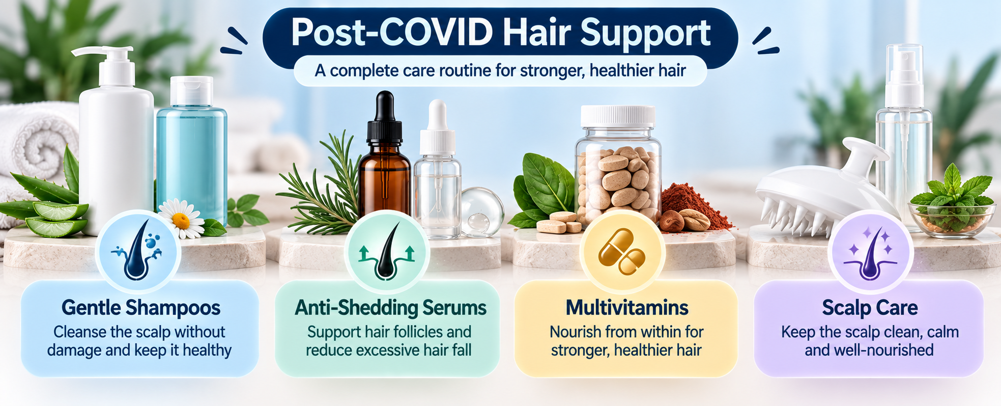 Post-COVID hair fall support categories featuring gentle shampoos, anti-shedding serums, multivitamins and scalp care products