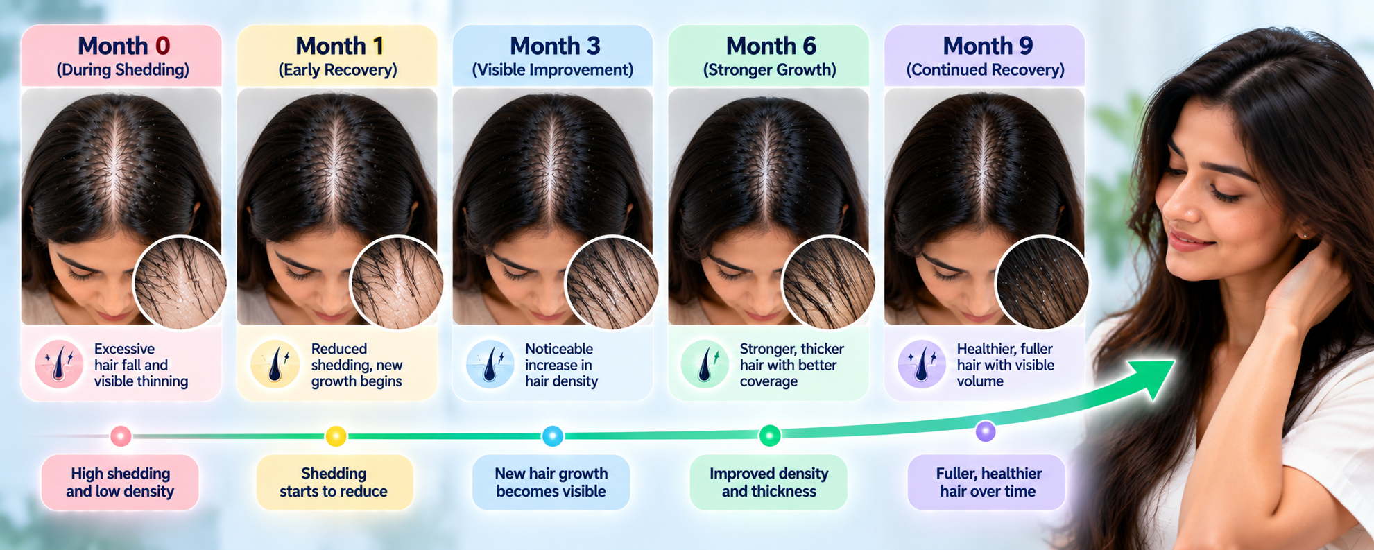 Post-COVID hair fall recovery tracking timeline showing changes in scalp density from month 0 to month 9