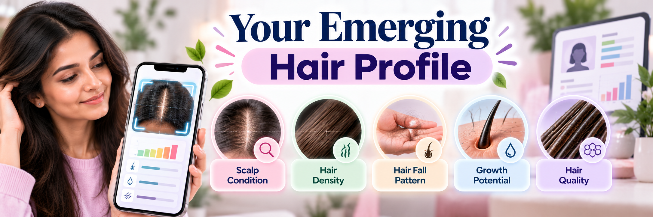 Your Emerging Hair Profile showing AI analysis of scalp condition, hair density, hair fall pattern, growth potential and hair quality