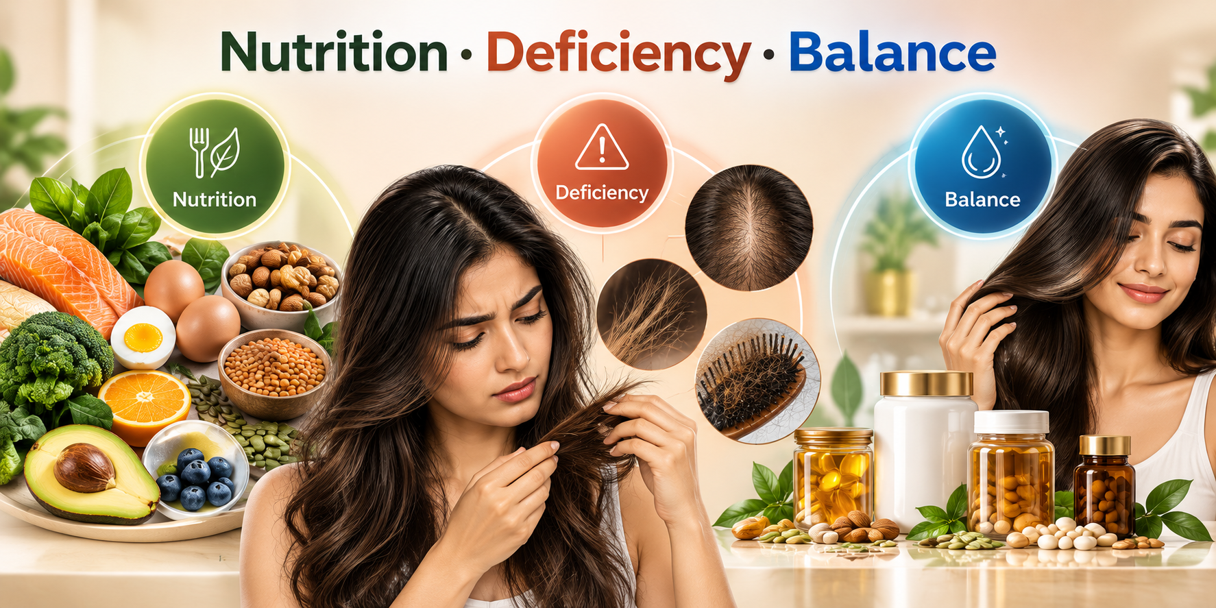 Nutrition deficiency and balance concept showing healthy foods, hair thinning signs and balanced hair health support