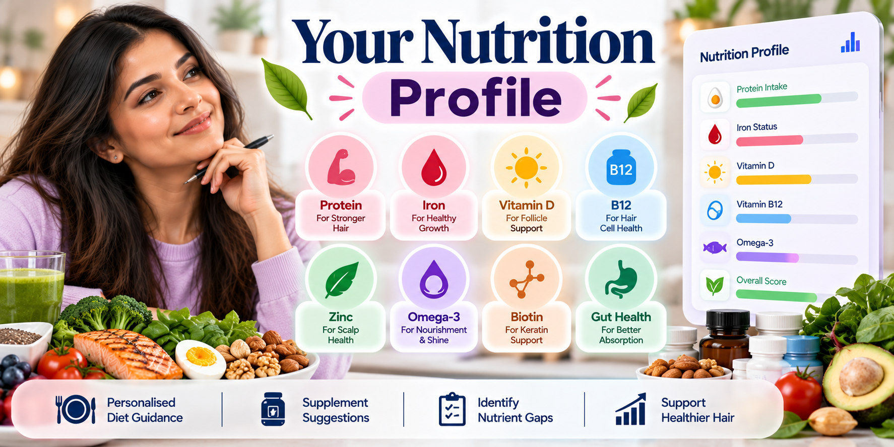Your Nutrition Profile showing protein, iron, vitamin D, B12, zinc, omega-3, biotin and gut health for healthier hair