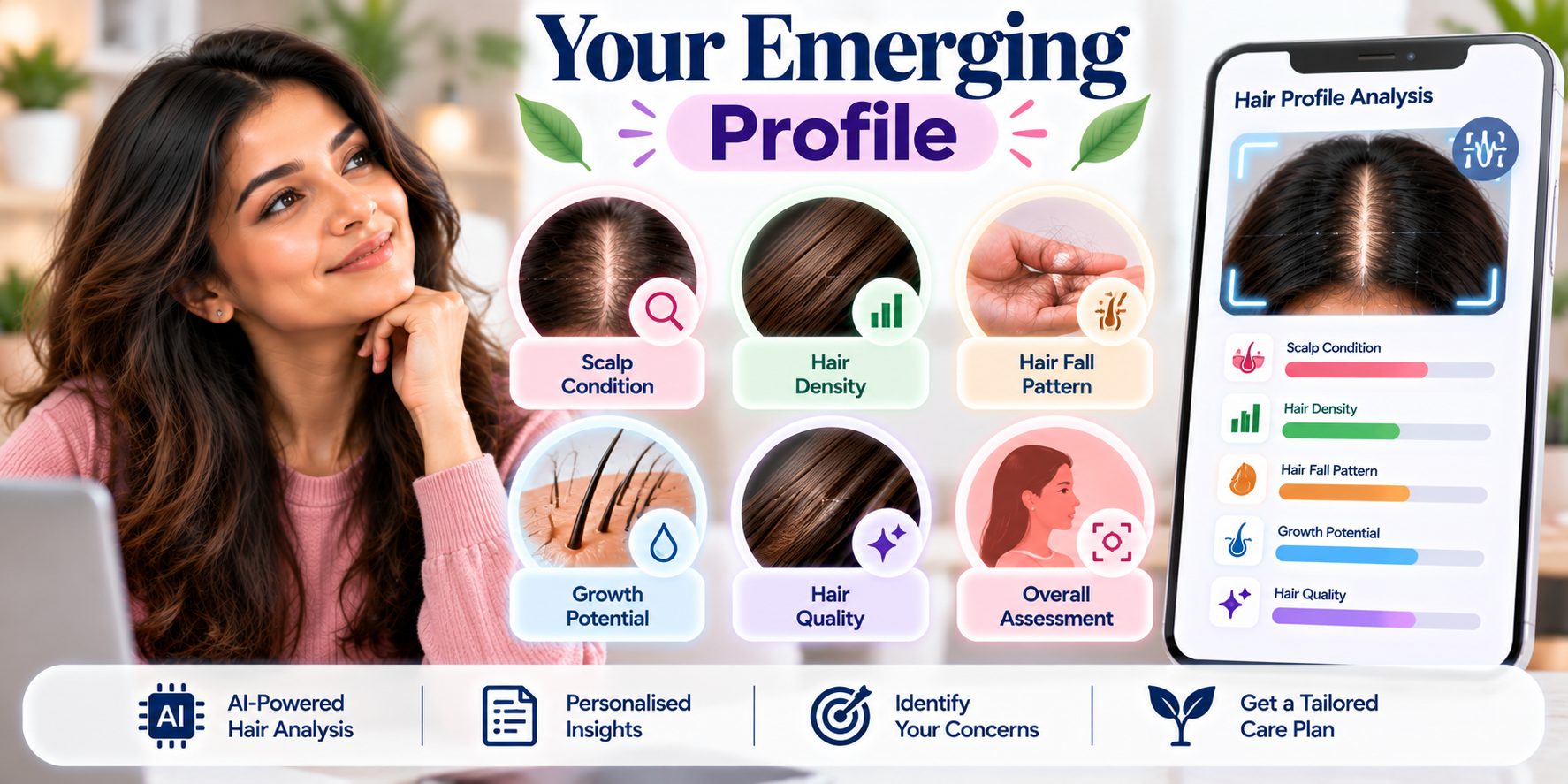 Your Emerging Profile showing AI analysis of scalp condition, hair density, hair fall pattern, growth potential and hair quality