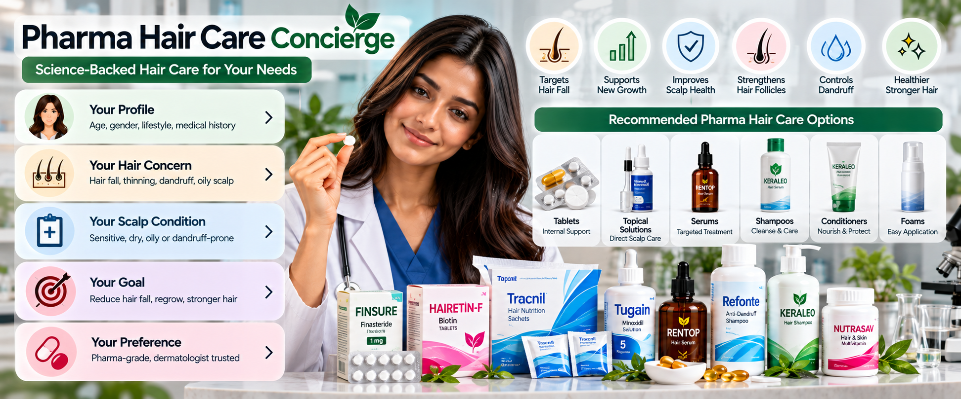 Pharma Hair Care Concierge personalised guide for hair fall, thinning, dandruff, oily scalp and stronger hair — Hairsncares