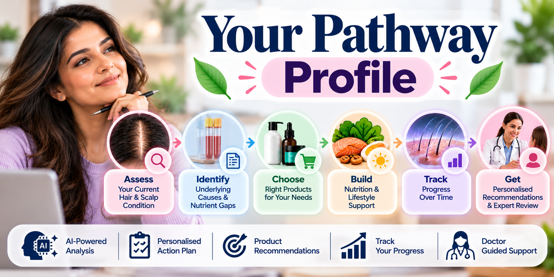 Your Pathway Profile showing assessment, underlying causes, product selection, nutrition support, progress tracking and expert review
