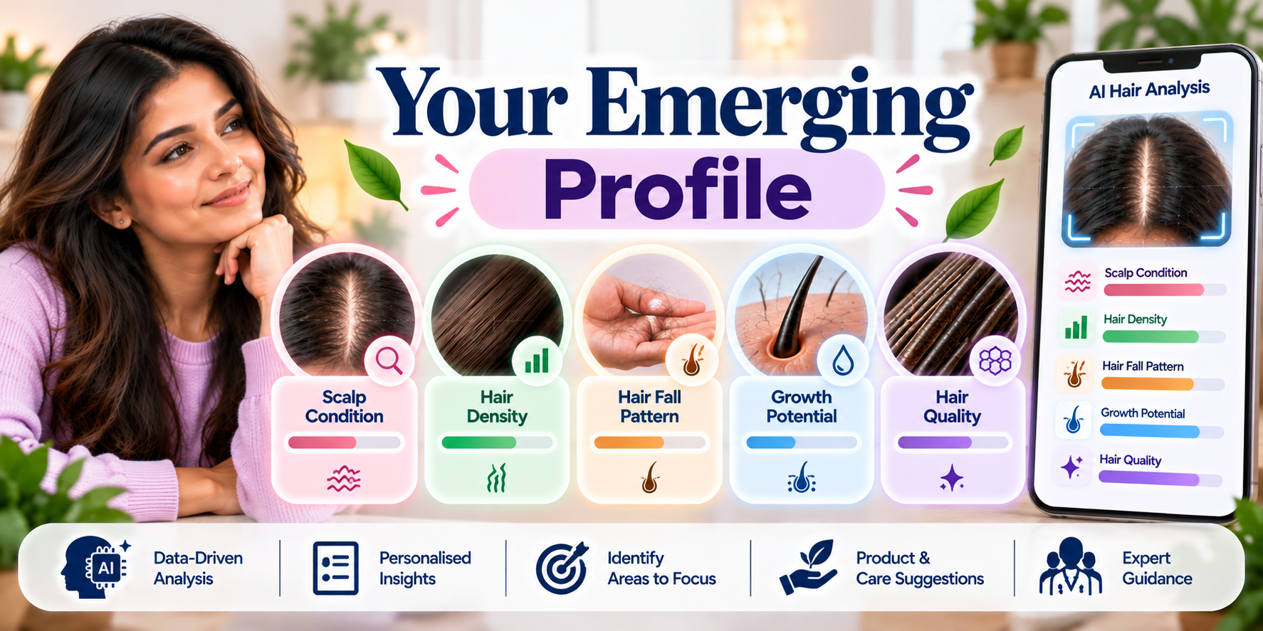 Your Emerging Profile showing AI hair and scalp analysis of scalp condition, hair density, hair fall pattern, growth potential and hair quality