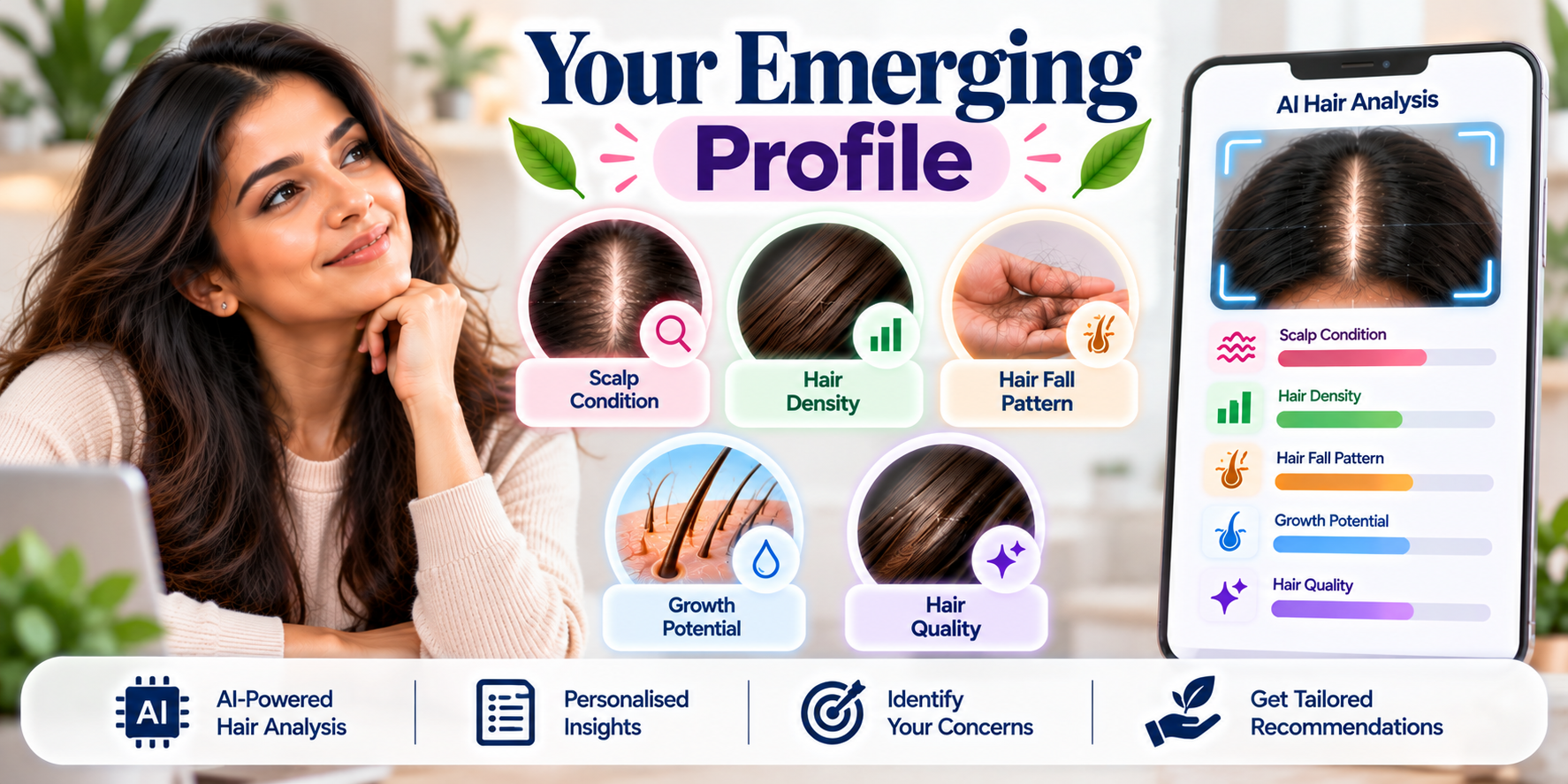 Your Emerging Profile showing AI-powered analysis of scalp condition, hair density, hair fall pattern, growth potential and hair quality