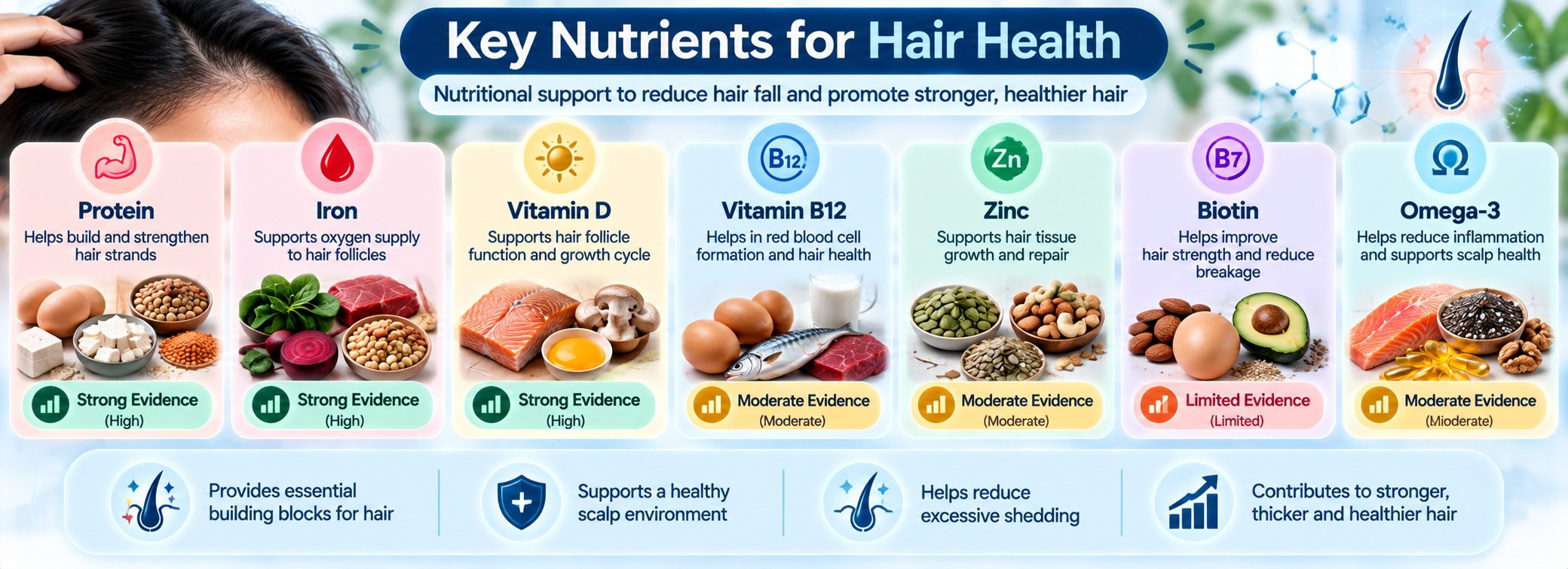 Visual guide to protein, iron, vitamin D, vitamin B12, zinc, biotin and omega-3, showing their roles and evidence levels for hair health