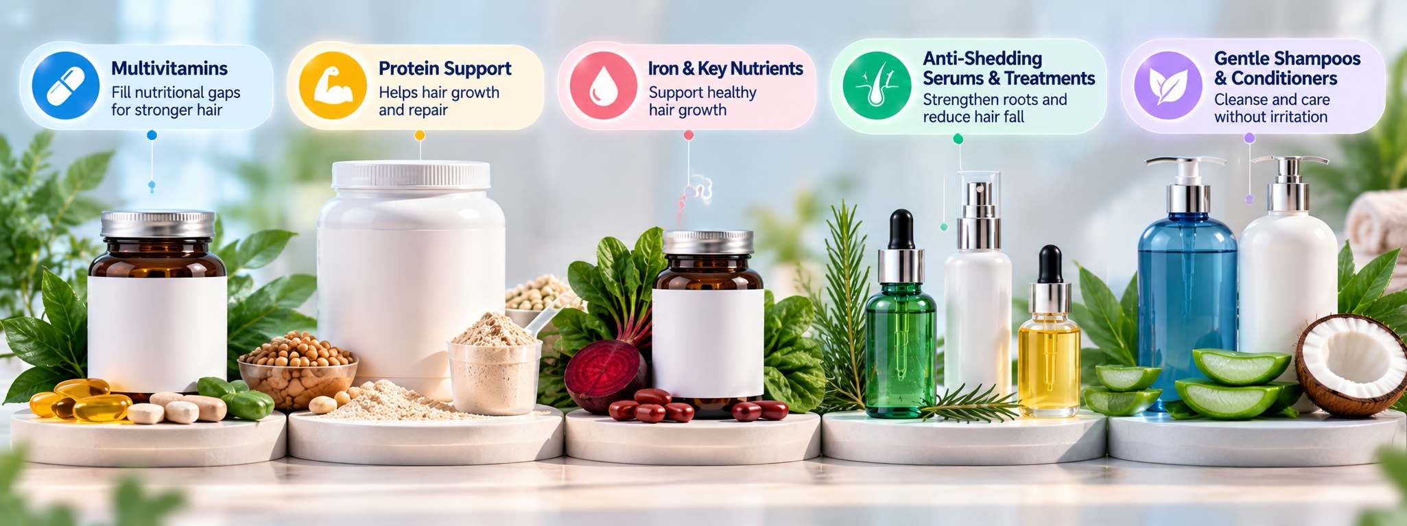 Hair loss support categories featuring multivitamins, protein supplements, iron nutrients, anti-shedding serums and gentle shampoos