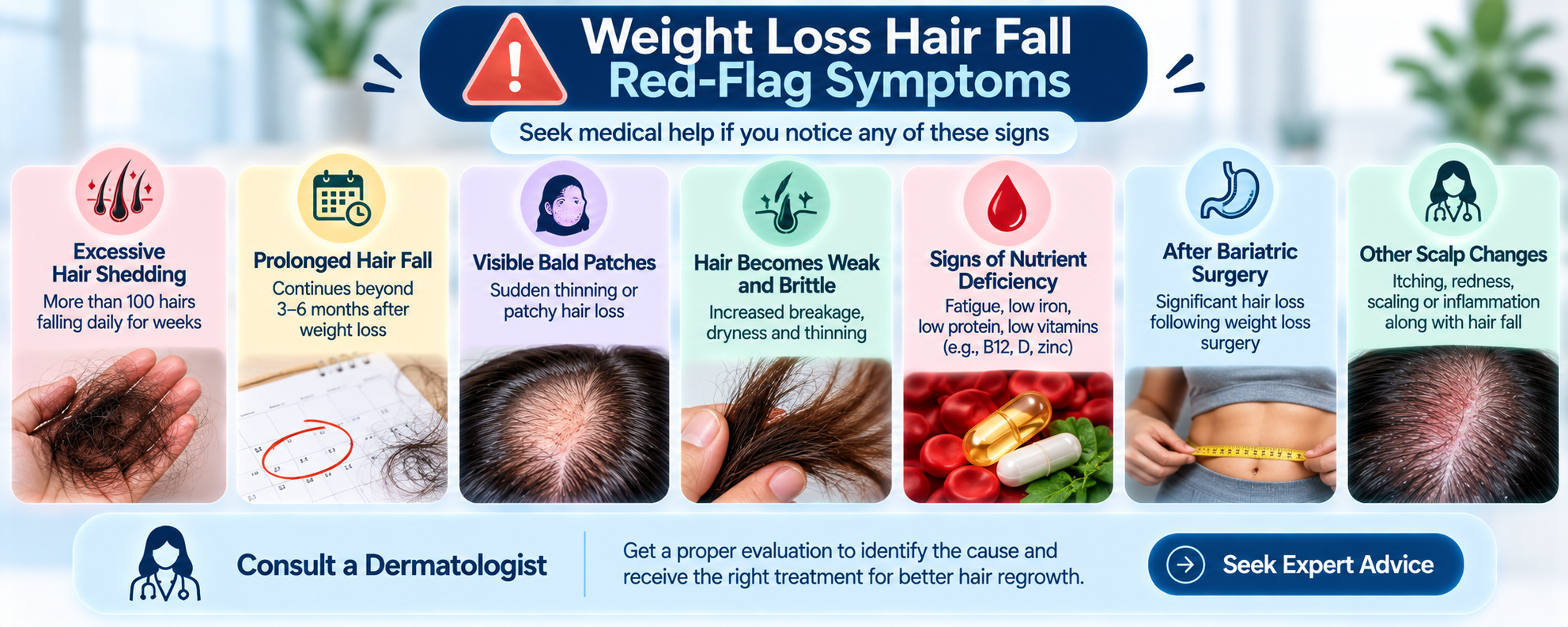 Warning signs of weight loss hair fall including excessive shedding, prolonged hair loss, bald patches, brittle hair, nutrient deficiencies and post-bariatric surgery hair loss