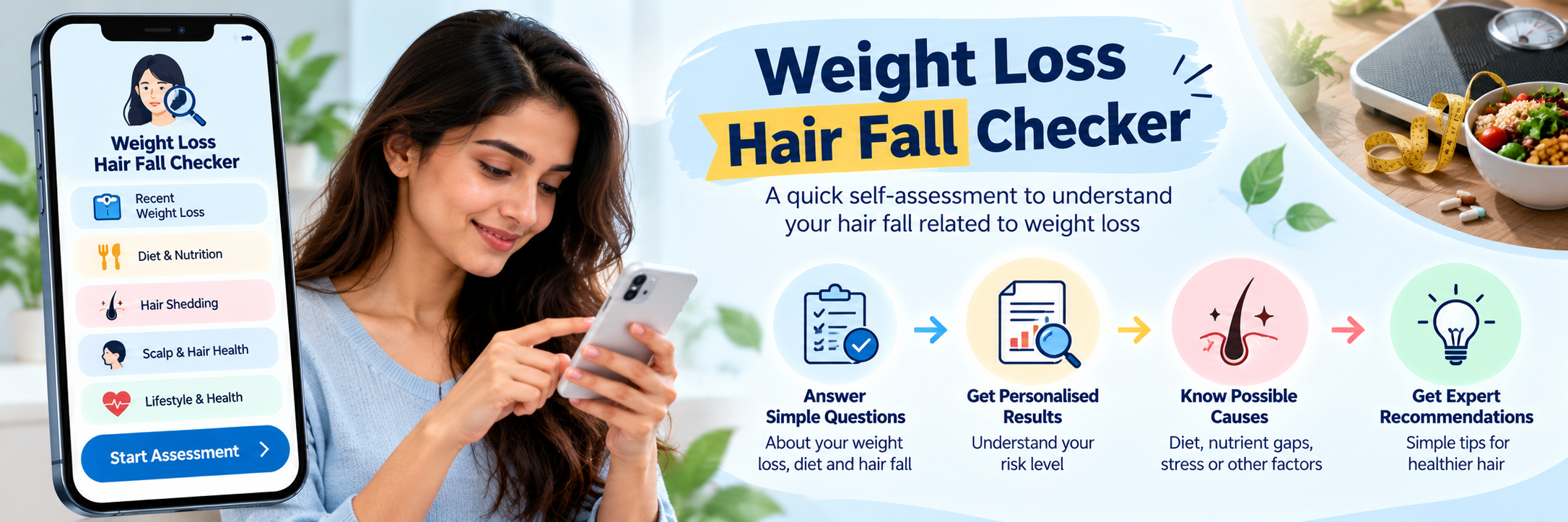 Weight loss hair fall checker app preview showing self-assessment questions, personalized results and hair health recommendations