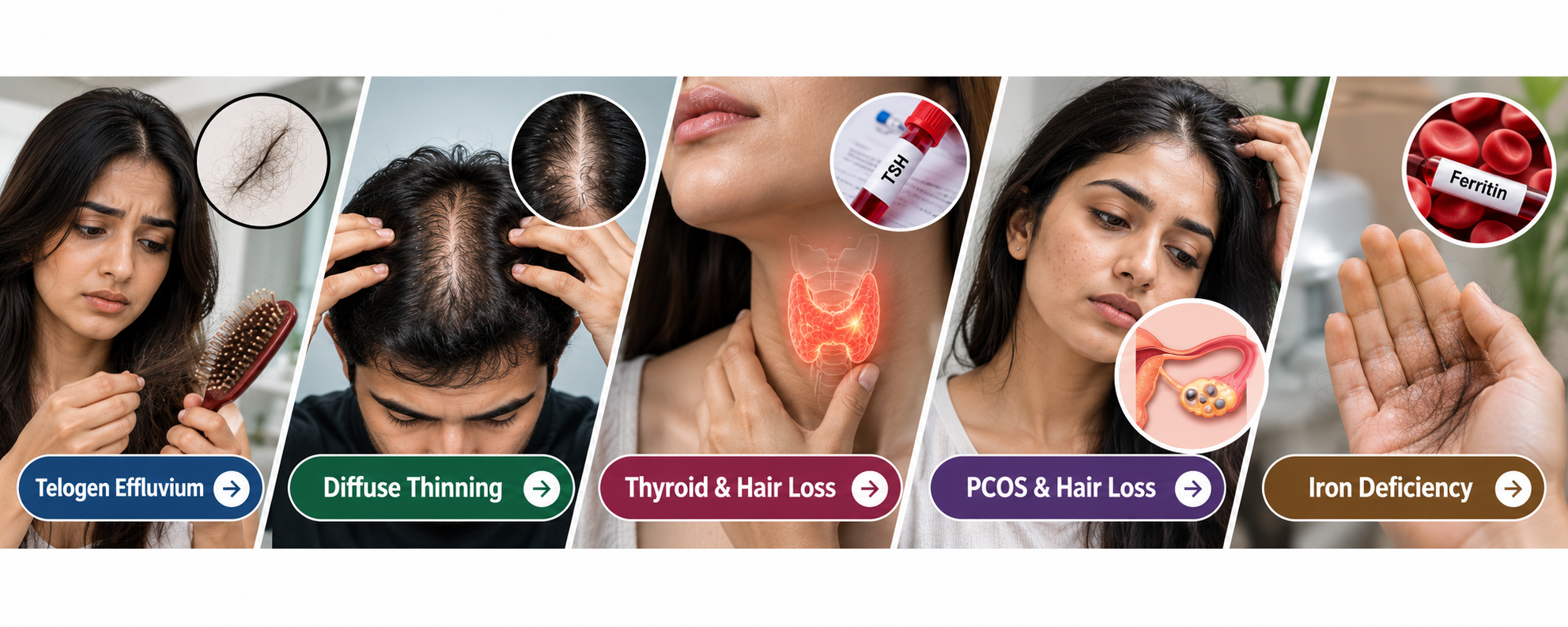 Related hair loss topics including telogen effluvium, diffuse thinning, thyroid, PCOS and iron deficiency