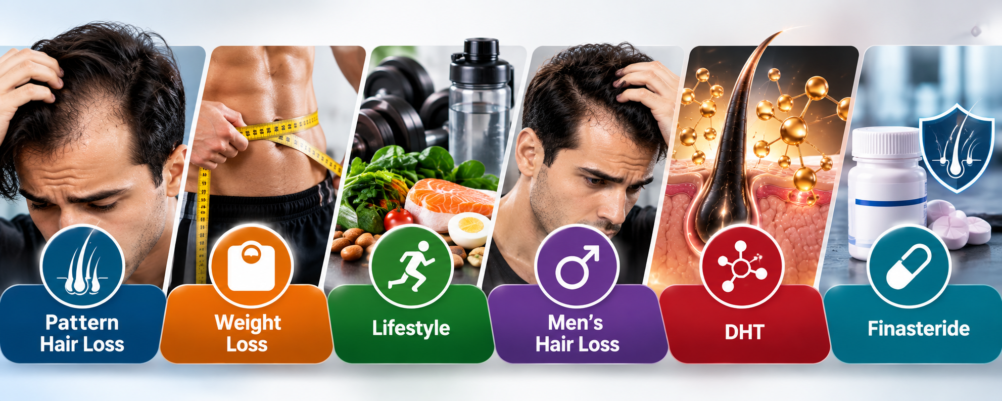 Related hair loss topics including pattern hair loss, weight loss, lifestyle, men’s hair loss, DHT and finasteride.