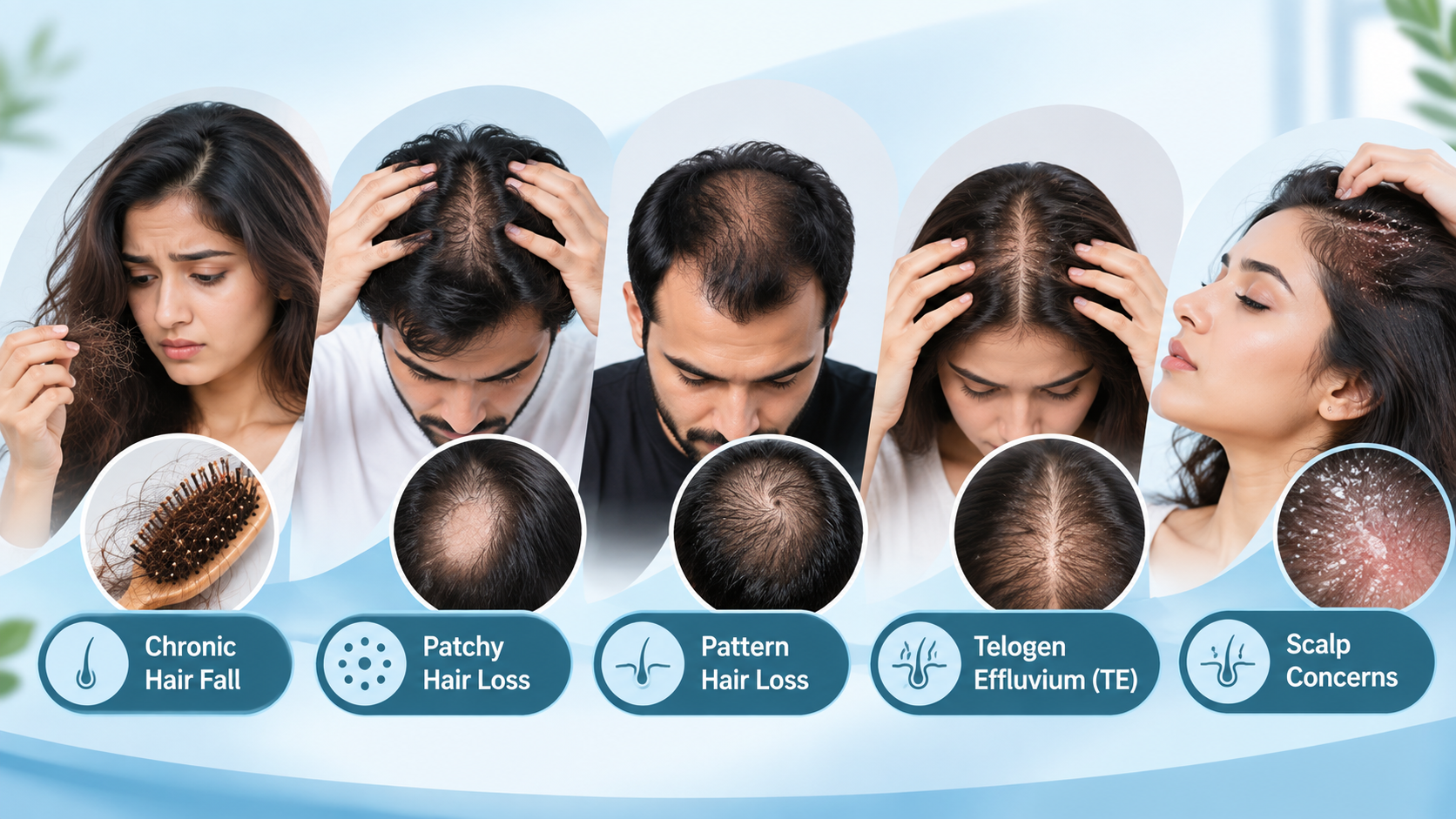 Related hair loss topics including chronic hair fall, patchy hair loss, pattern hair loss, telogen effluvium and scalp concerns