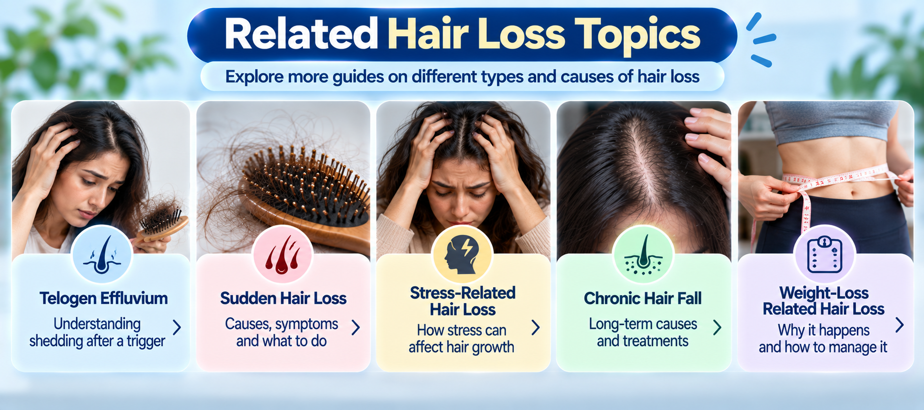 Related hair loss topics including telogen effluvium, sudden hair loss, stress-related hair loss, chronic hair fall and weight-loss-related hair shedding