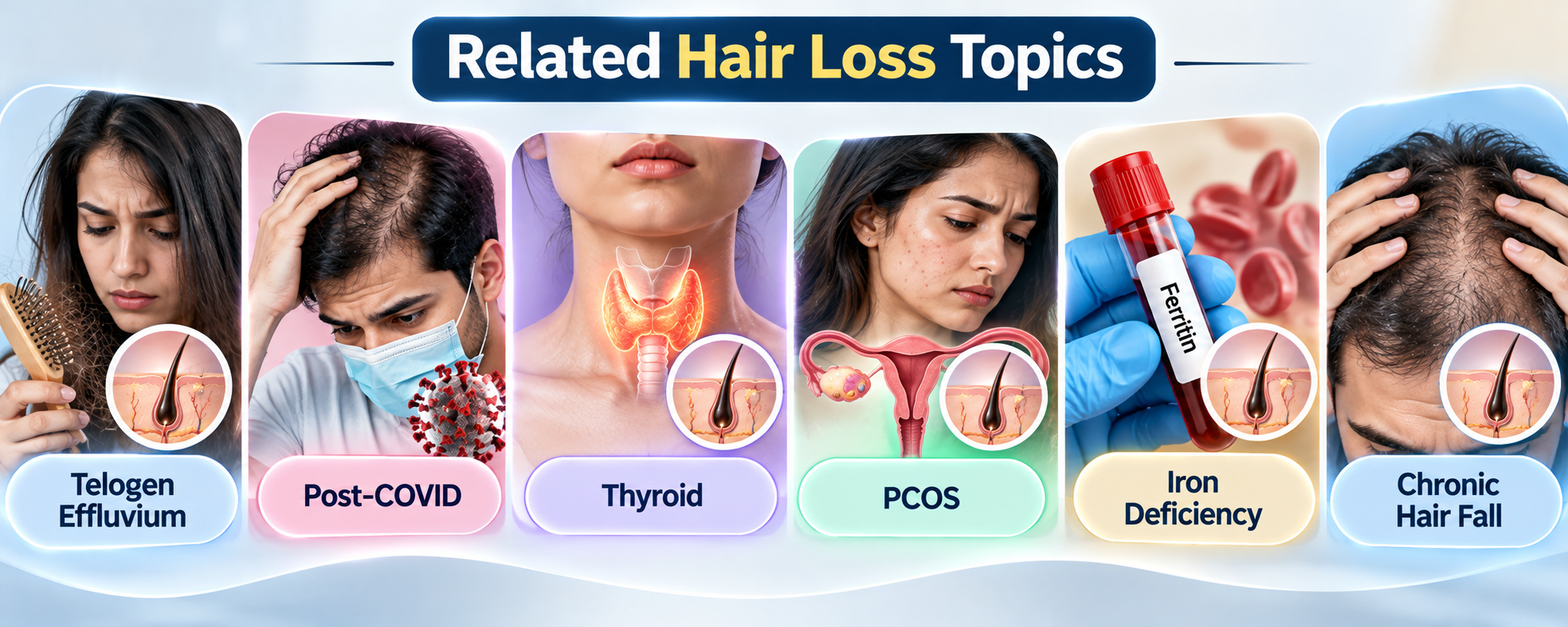 Related hair loss topics including telogen effluvium, post-COVID hair fall, thyroid, PCOS, iron deficiency and chronic hair fall