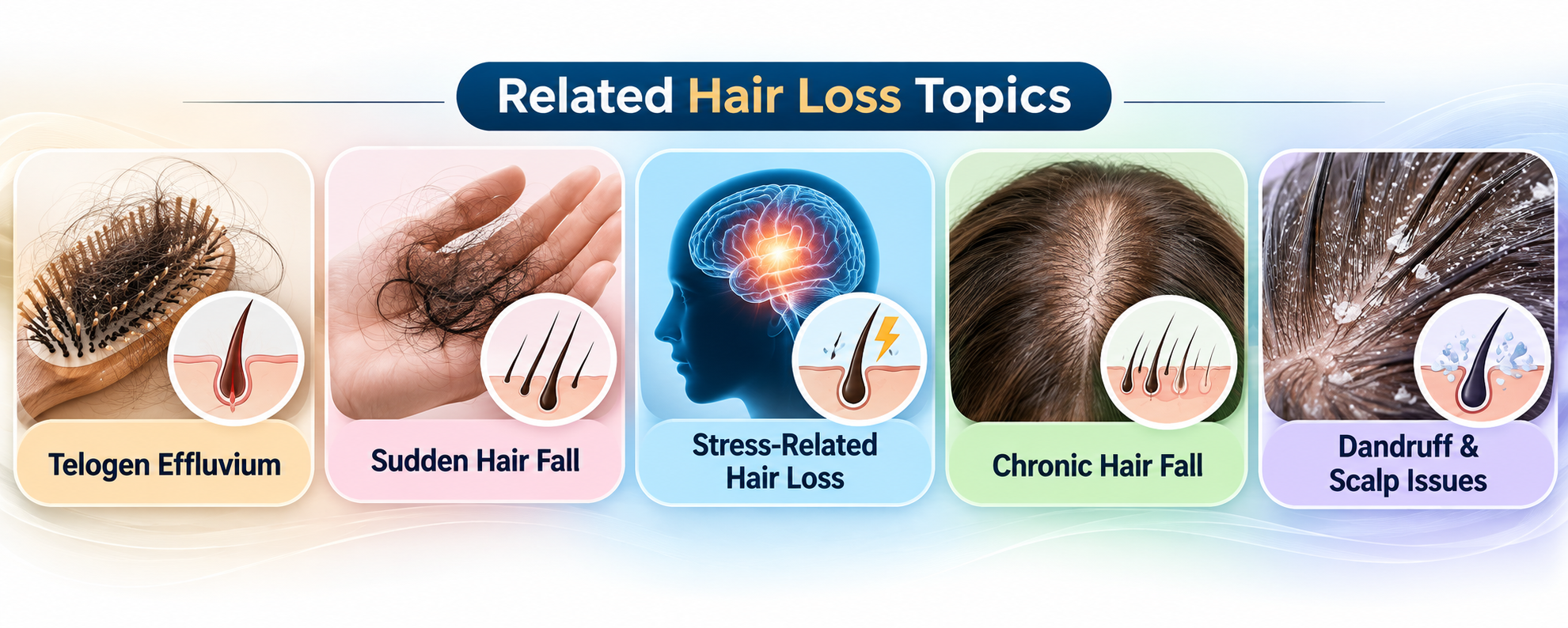 Related hair loss topics including telogen effluvium, sudden hair fall, stress-related hair loss, chronic hair fall and dandruff