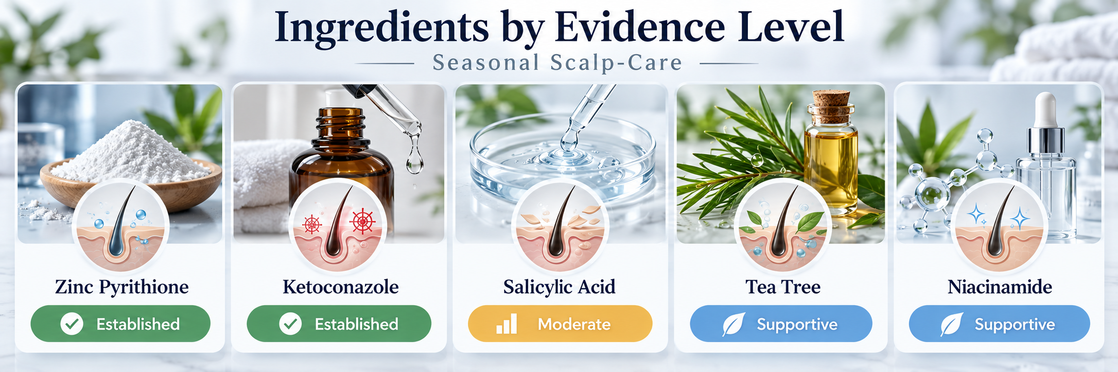 Seasonal scalp-care ingredients including zinc pyrithione, ketoconazole, salicylic acid, tea tree and niacinamide