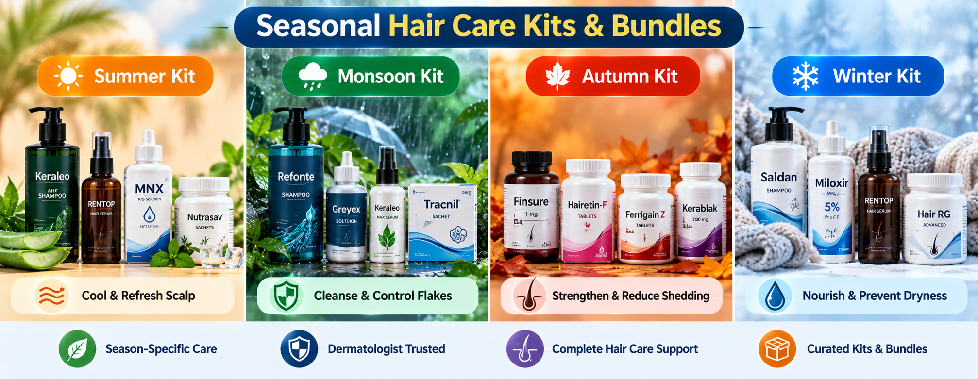 Seasonal hair care kits for summer, monsoon, autumn and winter scalp and hair support