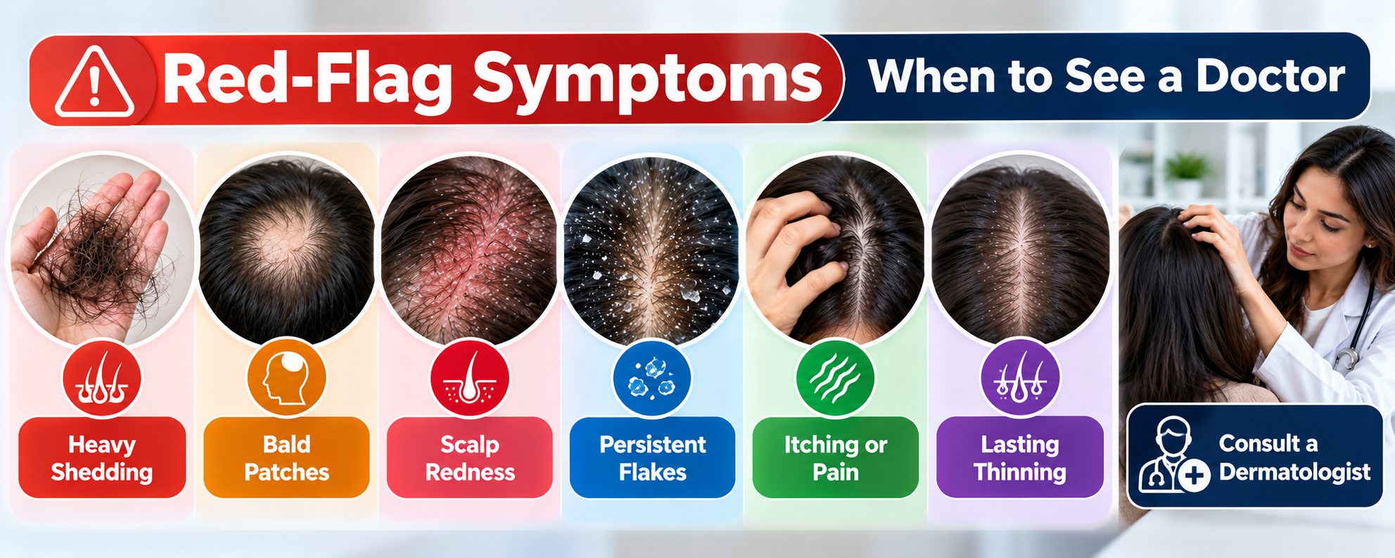 Seasonal hair fall warning signs including heavy shedding, bald patches, scalp symptoms and lasting hair loss