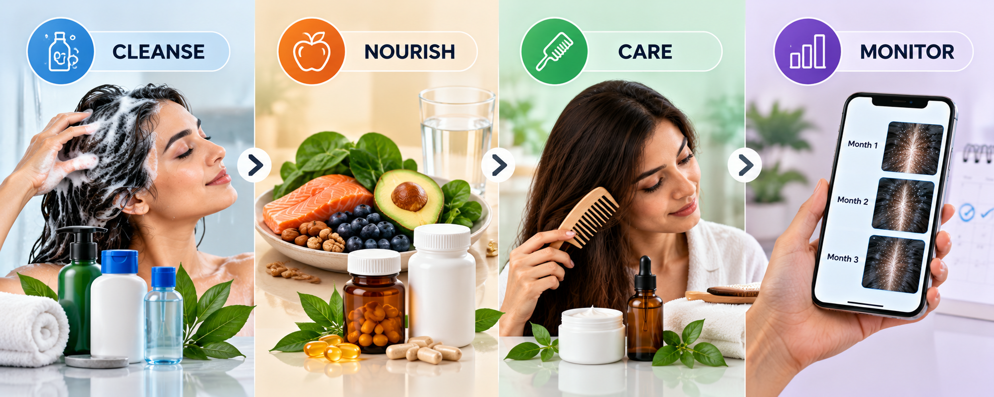 Seasonal hair care routine showing scalp cleansing, nutrition, gentle handling and hair shedding monitoring
