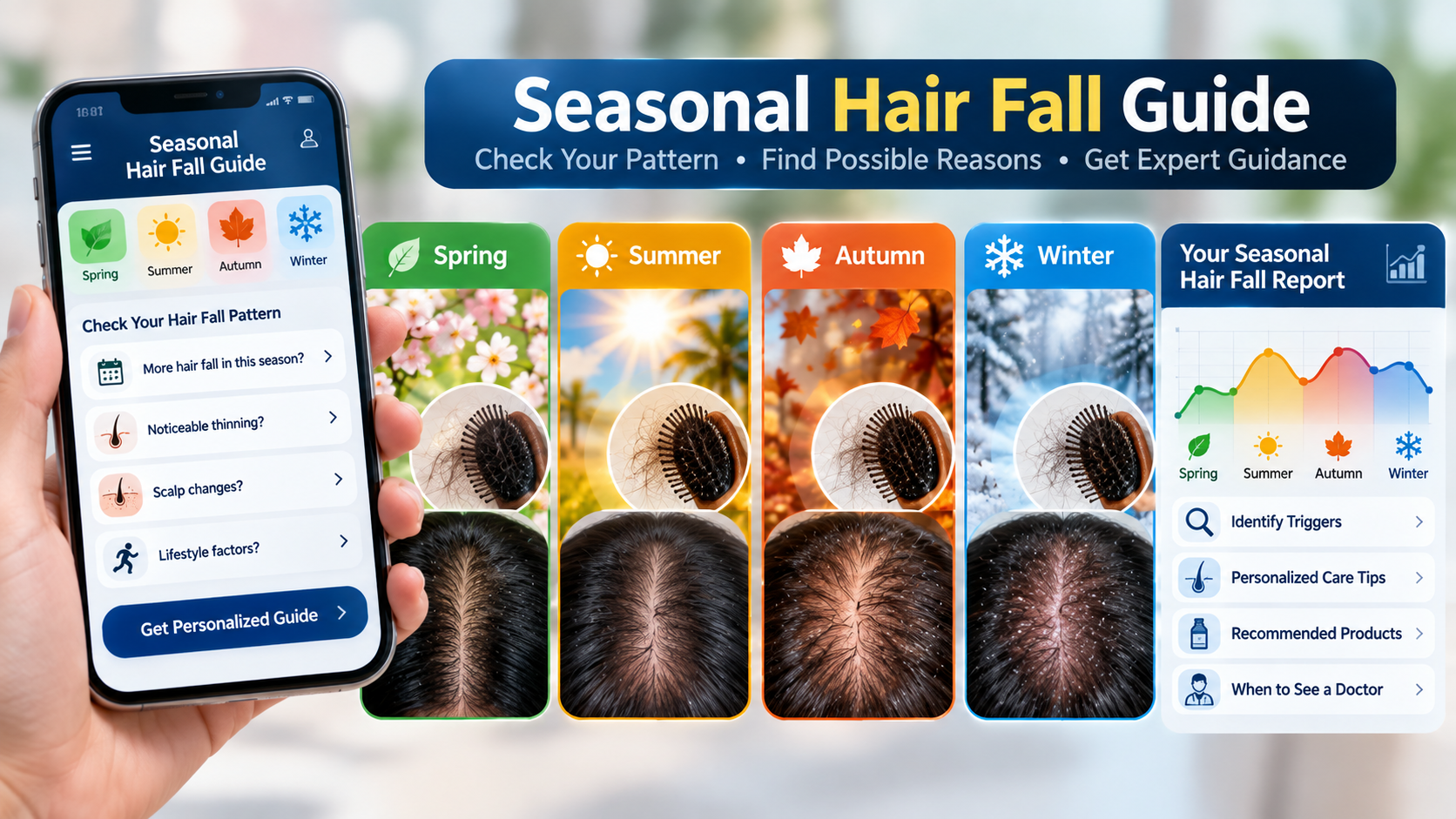 Seasonal hair fall guide app showing self-assessment for spring, summer, autumn and winter hair shedding patterns