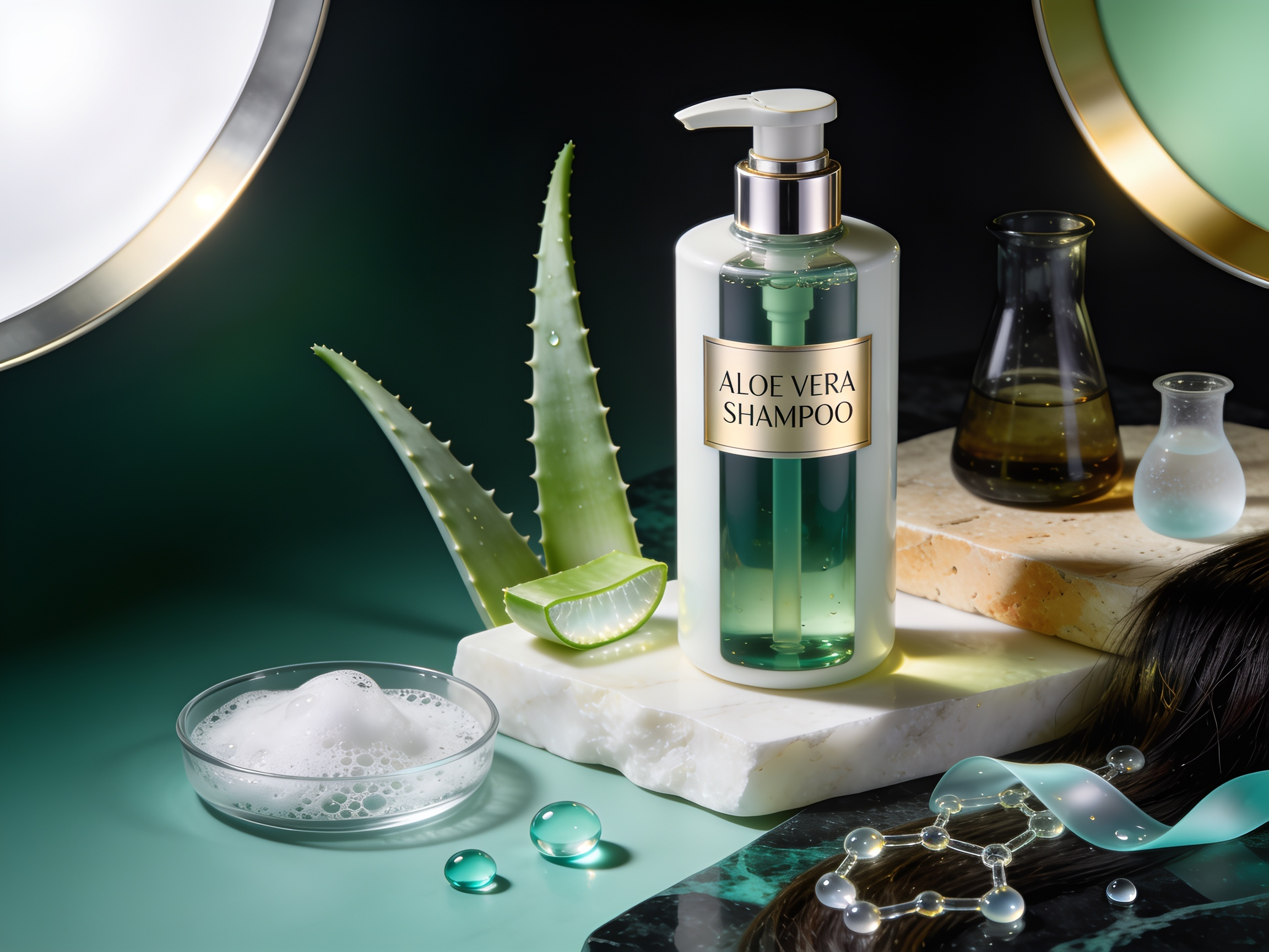 Aloe Vera Shampoo for Dry Scalp, Sensitive Scalp and Hydration Support | Hairsncares Aloe vera shampoo bottle with translucent gel, pearl foam and emerald clinical details