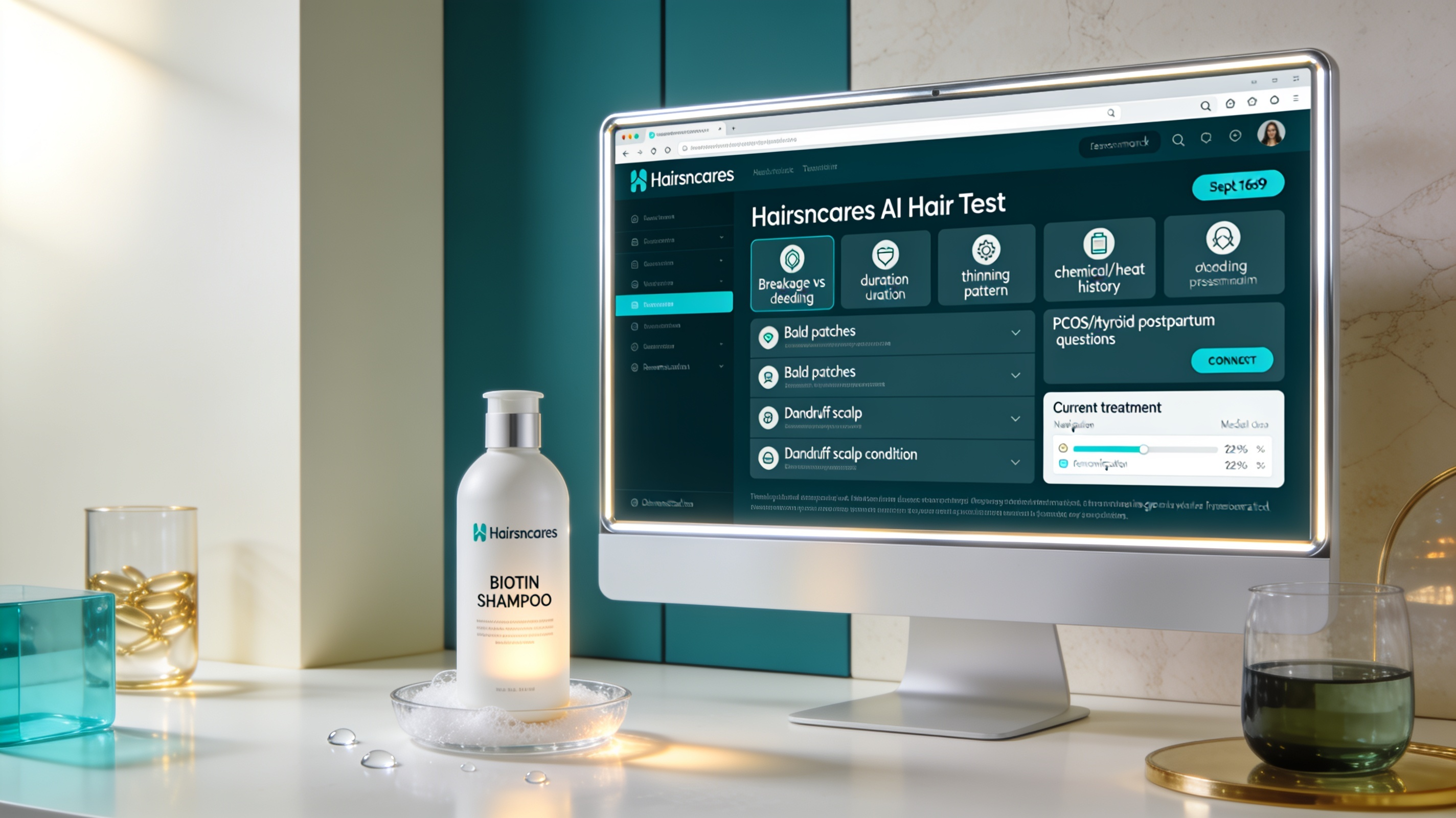 AI Hair Test for Biotin Shampoo Suitability | Hairsncares AI Hair Test dashboard distinguishing hair breakage from root-level shedding