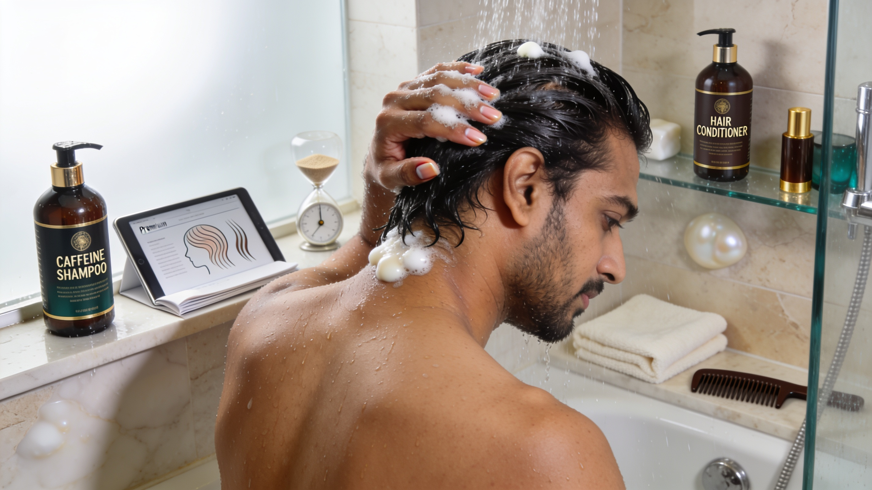 Gentle caffeine shampoo application focused on the scalp and roots