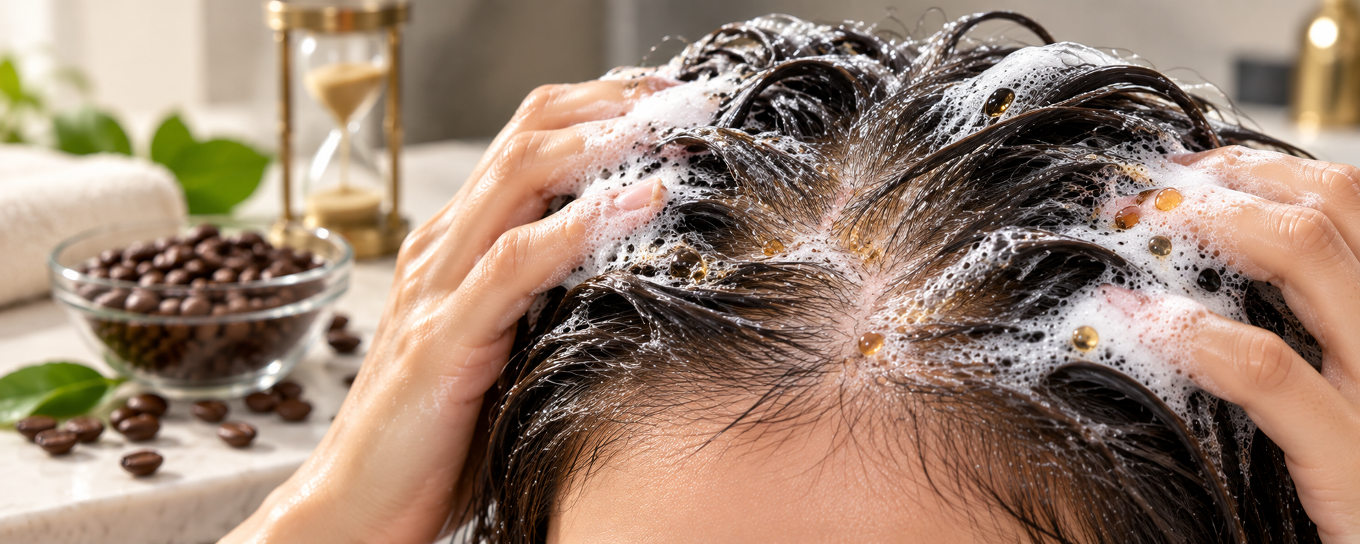 Caffeine shampoo foam making brief surface contact around dark hair roots