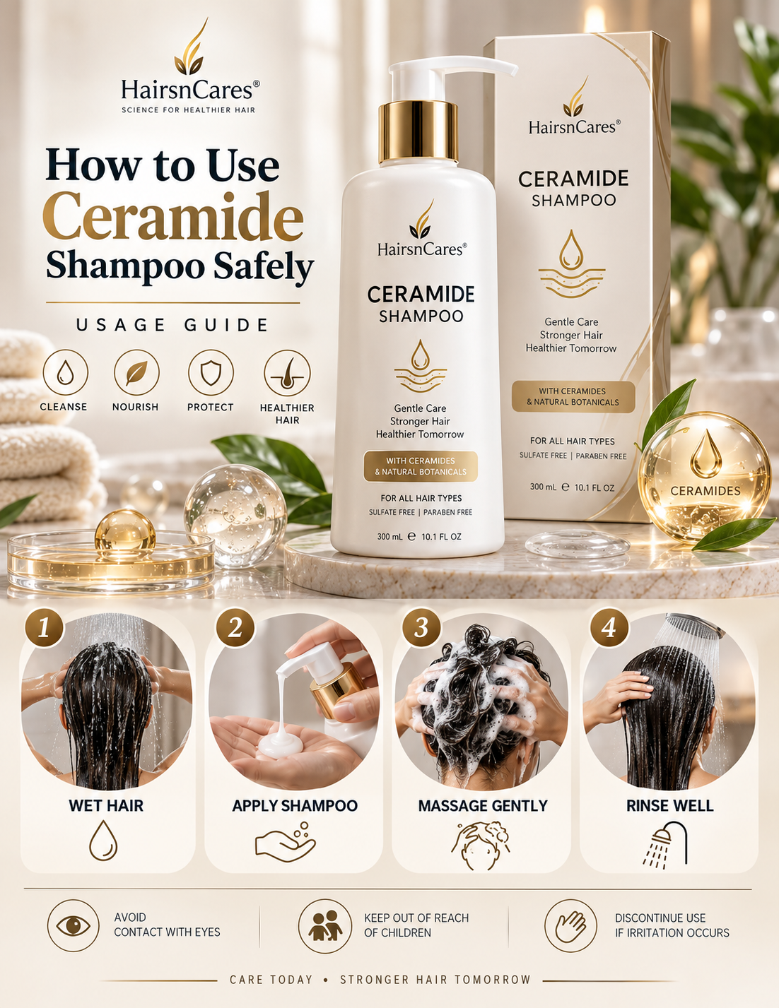 How to use ceramide shampoo safely with four-step wet, apply, massage and rinse usage guide