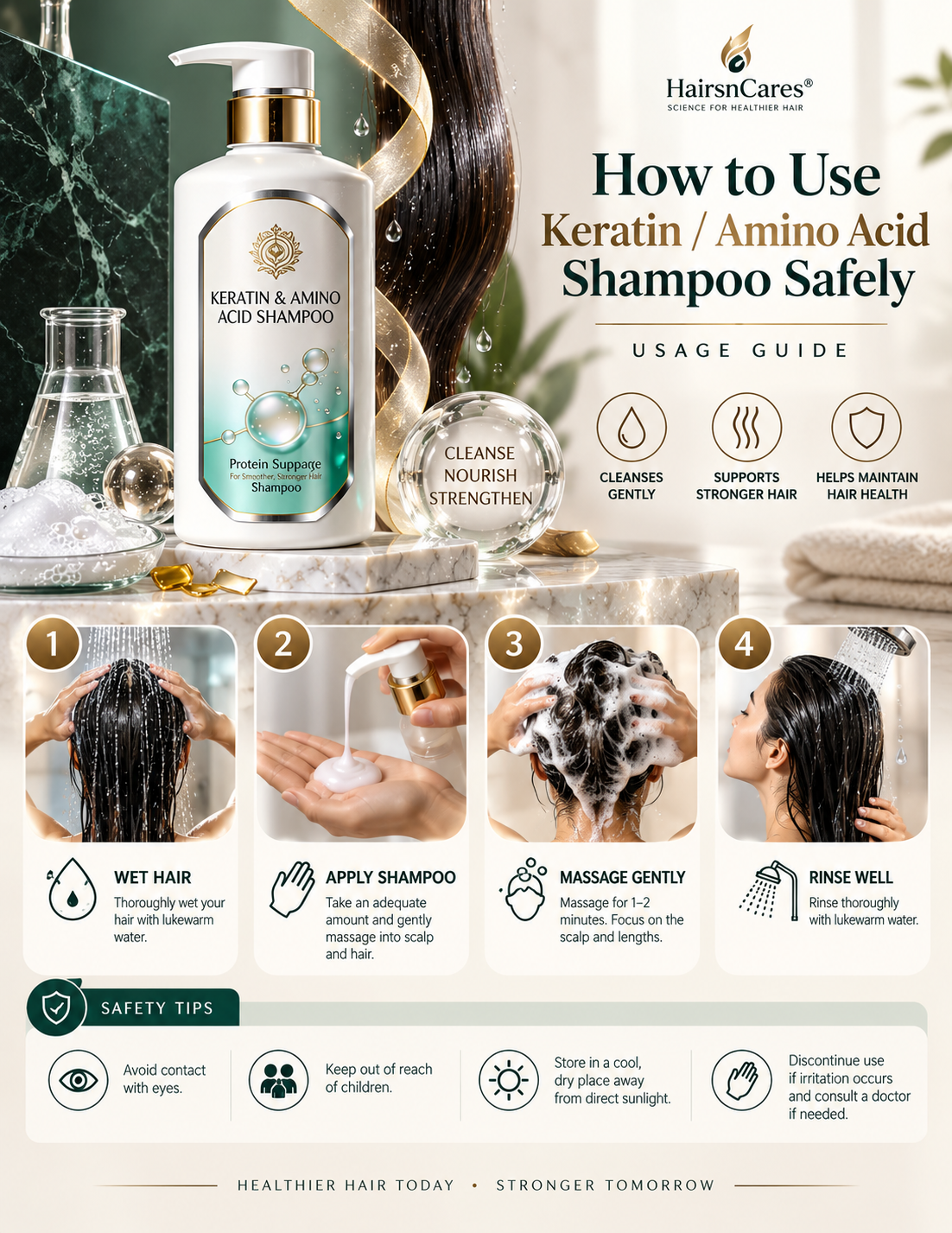 How to use keratin and amino acid shampoo safely with wet, apply, massage and rinse steps
