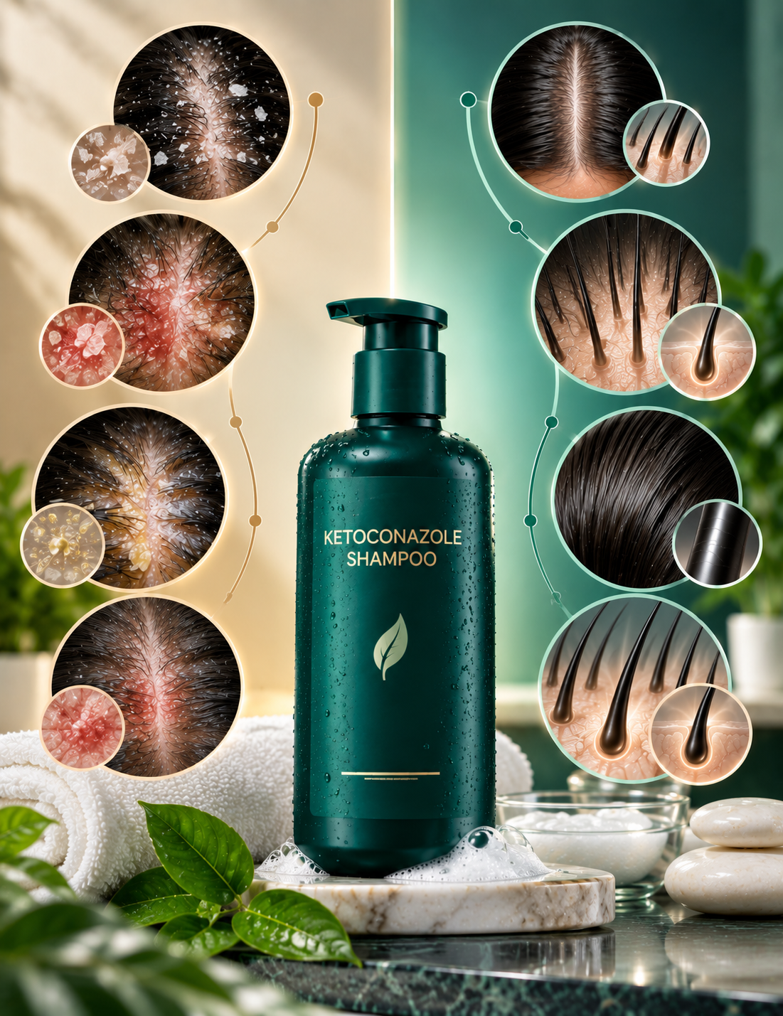AI Scalp Test for Ketoconazole Shampoo Suitability | Hairsncares Ketoconazole shampoo with magnified views of dandruff, flaky irritated scalp and healthy scalp