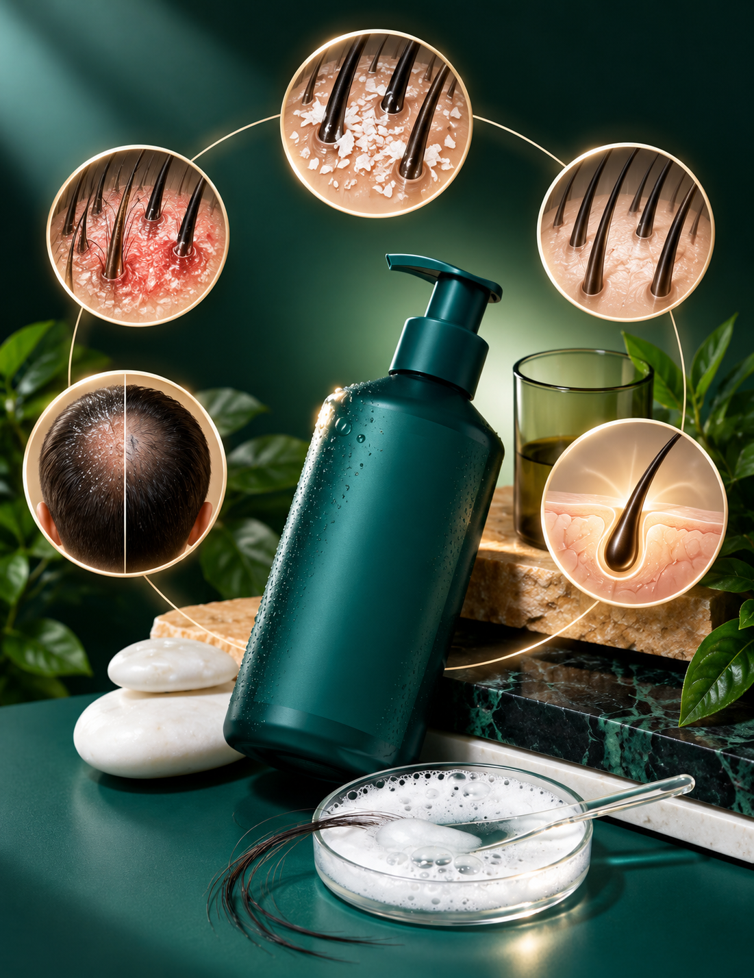 Ketoconazole shampoo for dandruff and scalp conditions with illustrated flaky, irritated and healthier scalp