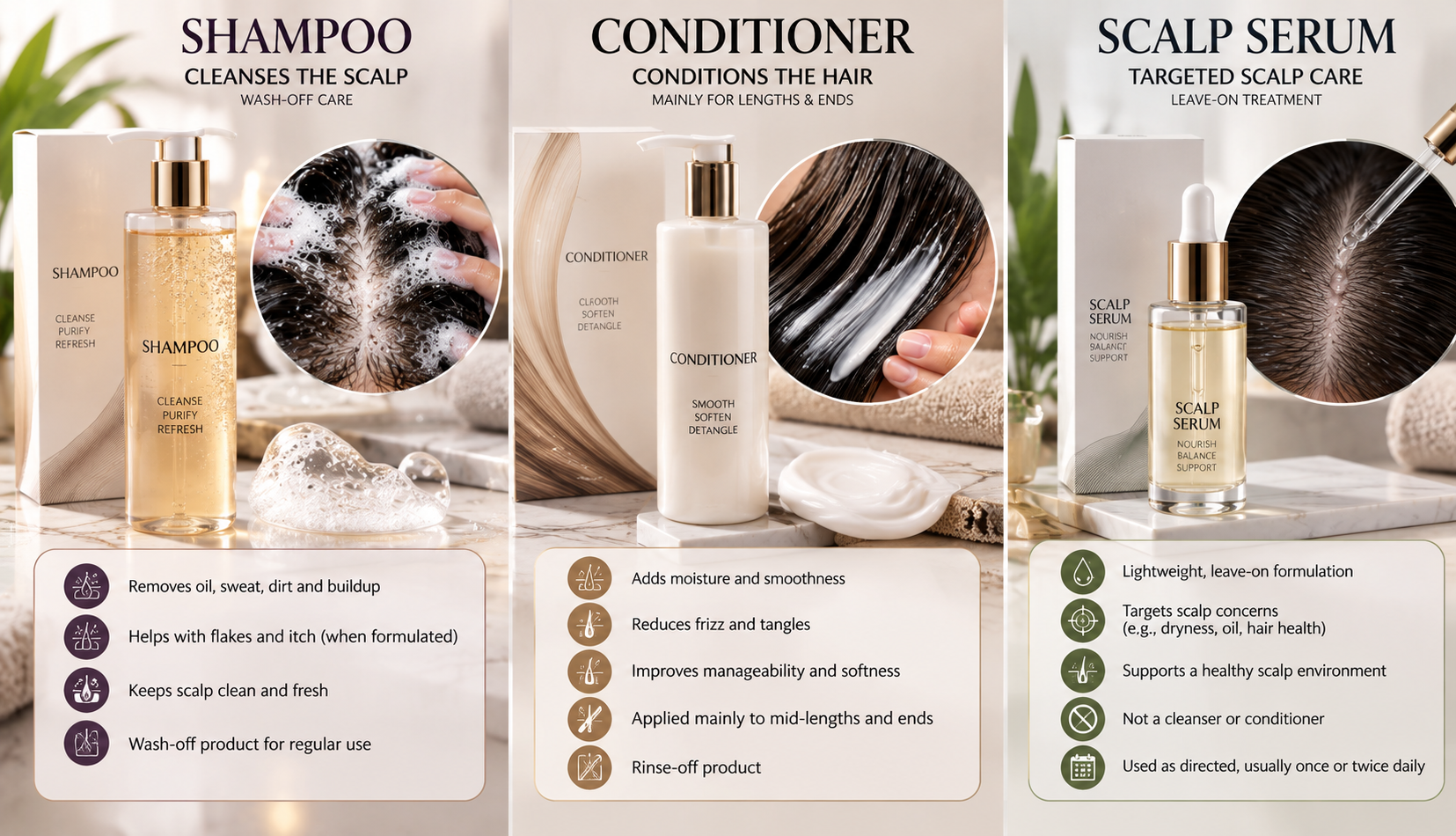 Shampoo, conditioner and scalp serum shown for cleansing, conditioning and leave-on care
