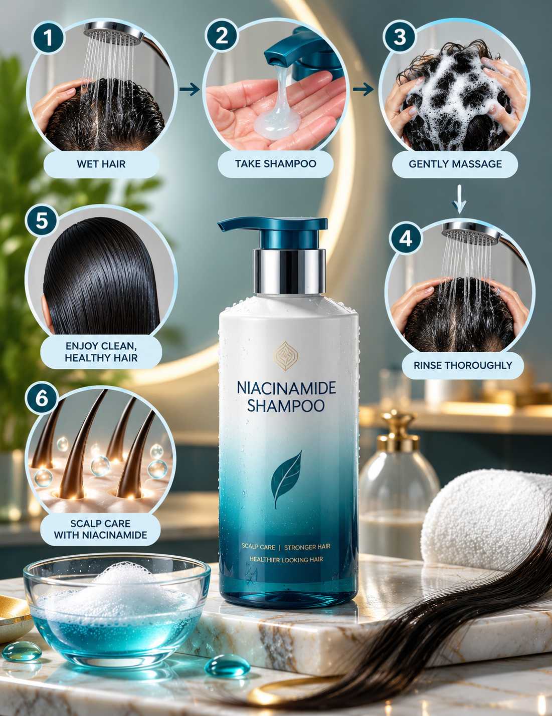 How to use niacinamide shampoo safely with wetting, applying, gentle scalp massage and thorough rinsing steps