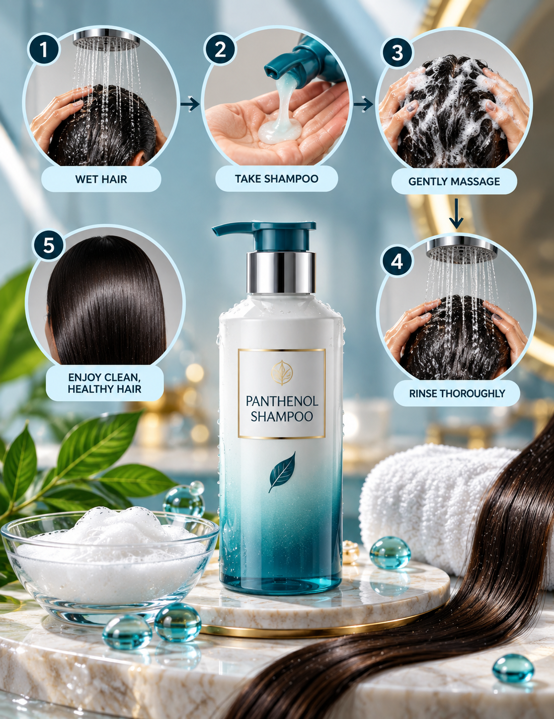 How to use panthenol shampoo safely with wetting, applying, gentle scalp massage and thorough rinsing steps