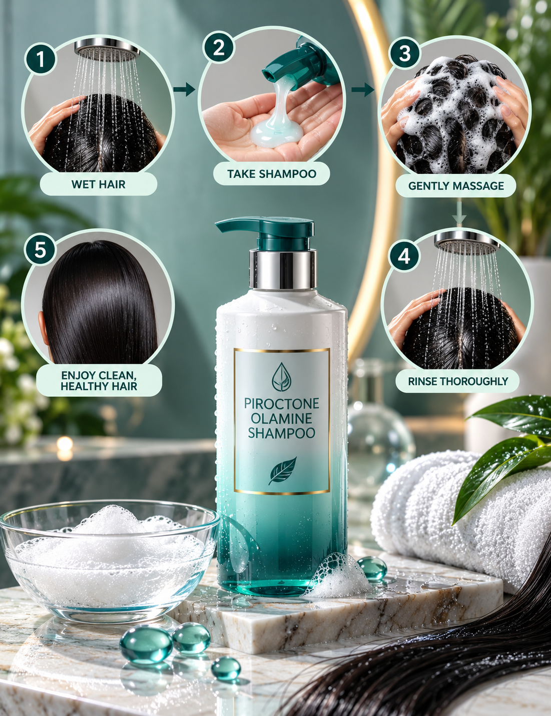 How to use piroctone olamine shampoo safely with wetting, applying, gentle scalp massage and thorough rinsing steps