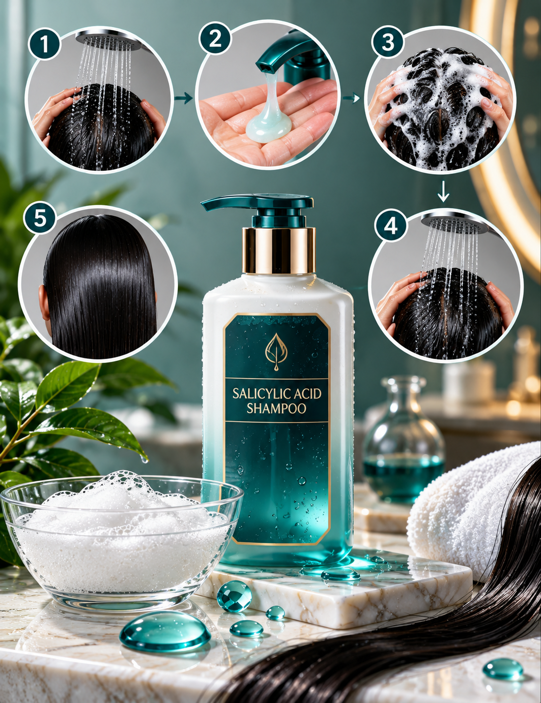 How to use salicylic acid shampoo safely with wetting, applying, gentle scalp massage and thorough rinsing steps