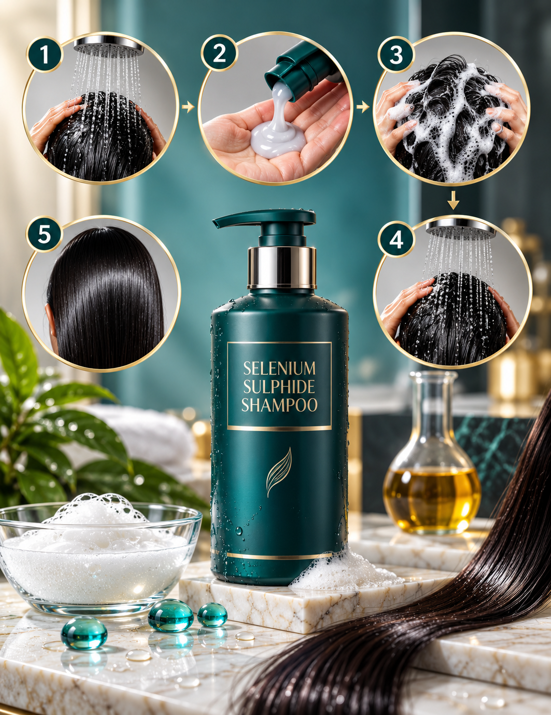 How to use selenium sulphide shampoo safely with wetting, applying, gentle scalp massage and thorough rinsing steps