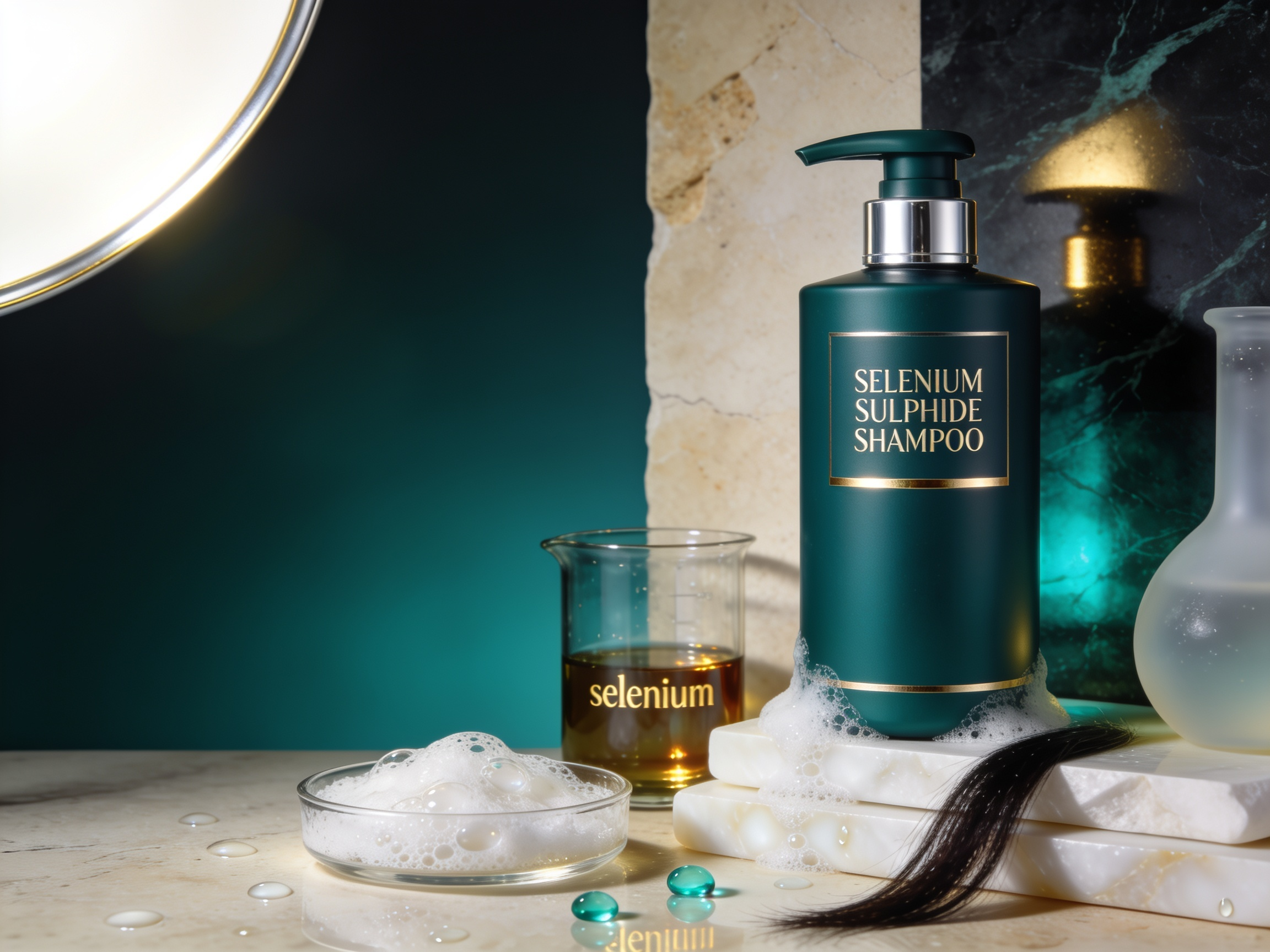 Selenium Sulphide Shampoo for Oily Dandruff, Greasy Flakes and Itchy Scalp | Hairsncares Selenium sulphide shampoo bottle with controlled foam in an emerald clinical setting